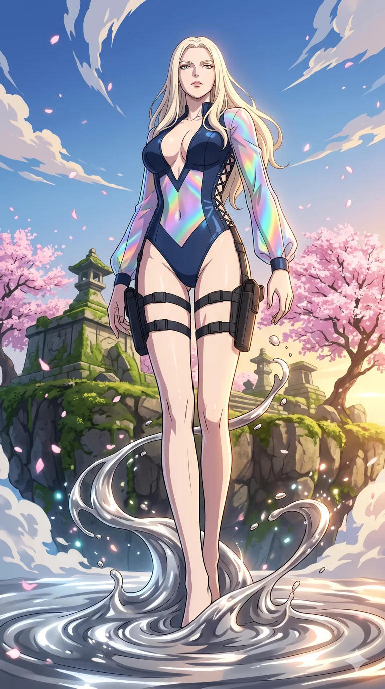 score_9, masterpiece, best quality, ultra-detailed, High-budget Anime Keyframe, vibrant colors, fluid line-art, expressive lighting, cinematic composition, Ufotable-style visual effects, top-tier animation quality, Caucasian woman with pale skin, blonde hair, and (strictly human ears). Wide-angle low shot emphasizing her impossibly long slender legs and commanding stature. Emerging slowly from a pool of liquid silver, the metallic substance clinging to her skin before transforming into her outfit. She has an absolutely perfect 8-heads proportion, an exceptionally tall and slender female figure with impossibly long slender legs and an ultra-slim waist, her statuesque height and towering silhouette dominating the vertical 9:16 frame. Her face is a masterpiece featuring a sharp v-shaped jawline, high-bridge nose, intricate jewel-like eyes with depth, thick eyelashes, and glossy lips with a natural sheen. She is wearing a Sleek tactical leotard with thigh-high holsters, unzipped deeply to show her midriff crafted from Holographic chiffon that changes color with every movement, creating a rainbow effect, featuring a deep plunging neckline and delicate lace-up side details. The scene is set in an ancient floating island with pink cherry blossoms falling like snow against a blue sky, illuminated by golden hour sunlight that gives her skin a warm, radiant glow. 2k, ultra detail, master piece, 9:16 ratio