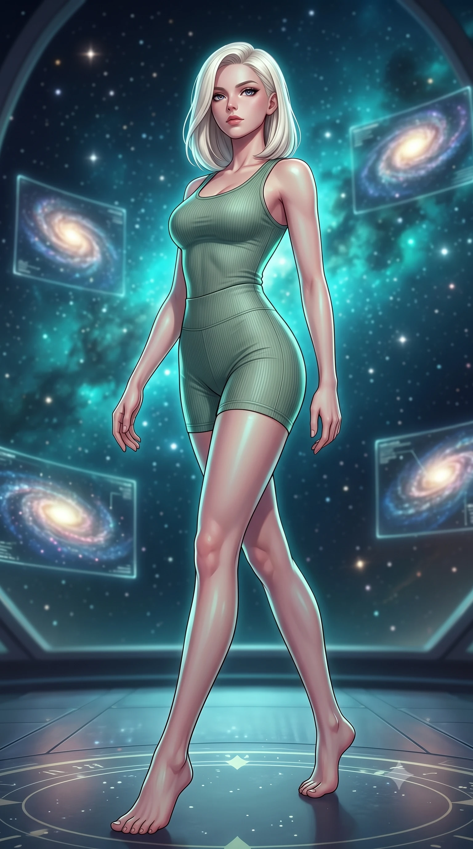 score_9, masterpiece, best quality, ultra-detailed, high-budget anime keyframe, editorial fashion photography, tasteful artistic composition, Caucasian woman woman. low angle full-body shot from head to toe showing her feet, filling the entire 9:16 vertical frame with her statuesque presence, stretching her vertical silhouette. She has an absolutely perfect, statuesque 8.5-heads proportion, an exceptionally tall and slender model-like female figure with impossibly long slender legs and an ultra-slim waist. stepping gracefully forward in a proud statuesque stride, her body turning in a fluid S-curve silhouette, flawlessly proportioned anatomical accuracy, natural body alignment, perfectly sculpted elegant limbs, clean dynamic posture without body distortion. set against a soft-focus background of a panoramic star observatory deck with floating galaxy maps. wearing a tight-fitting sage green ribbed activewear set with a body-hugging silhouette. bathed in starlight and cosmic turquoise nebula glow wrapping her athletic build. highly saturated vibrant anime colors, detailed shading with soft gradients, rich glossy textures, high-contrast stereoscopic depth, volumetric dynamic lighting, master piece, 9:16 ratio