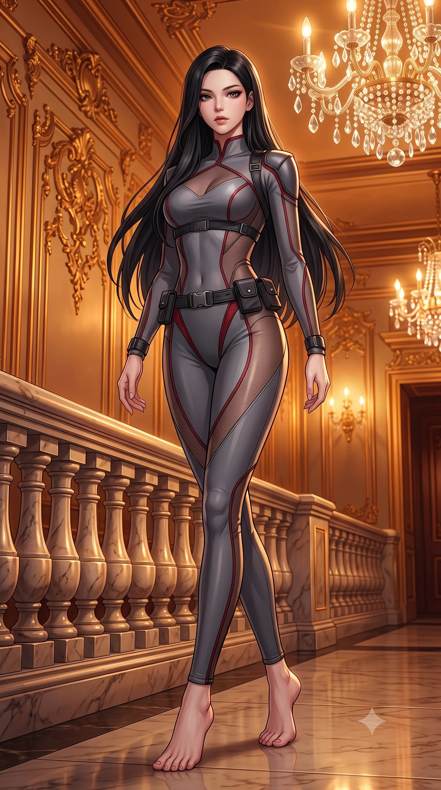 score_9, masterpiece, best quality, ultra-detailed, high-budget anime keyframe, semi-realistic 3D game render, editorial fashion photography, tasteful artistic composition, Korean woman. low angle full-body shot from head to toe showing her feet, filling the entire 9:16 vertical frame with her statuesque presence, stretching her vertical silhouette. pivoting dynamically with supreme athletic balance and poise, her impossibly long slender legs creating a breathtaking line while stepping along the private opera loge walkway with sweeping couture elegance and magnetic charisma. The surrounding environment is rendered in vivid detail and crisp panoramic clarity. intricate gold-leaf rococo carvings, sparkling crystal chandelier facets, and polished marble balustrades in sharp focus. She has an absolutely perfect, statuesque 8.5-heads proportion, an exceptionally tall and slender model-like female figure with impossibly long slender legs, a toned flat midriff, and an ultra-slim waist. sharp v-shaped jawline, high-bridge nose, intricate jewel-like eyes with depth, thick eyelashes, glossy lips with a natural sheen, captivating and magnetic expression, flawlessly proportioned anatomical accuracy, strict slender model proportions, natural body alignment, perfectly sculpted long slender limbs, ultra-slim waistline, clean dynamic posture without body distortion. wearing a sharp asymmetrical spy bodysuit with sheer contouring mesh panels, reinforced strike shoulders, and utility waist harness in storm grey and dark scarlet trim, made of high-mobility liquid jersey and semi-opaque reinforced mesh, accented with concealed lockpick wristbands and polished dark chrome hardware edition #12, the glove-like aerodynamic second-skin fit tightly clinging to her ultra-slender waist and athletic curves without adding bulk, accentuating her razor-sharp statuesque lines and slim hourglass silhouette. bathed in opulent golden chandelier illumination and rich ambient amber warmth. highly saturated vibrant anime colors, detailed shading with soft gradients, rich glossy textures, high-contrast stereoscopic depth, volumetric dynamic lighting, master piece, 9:16 ratio