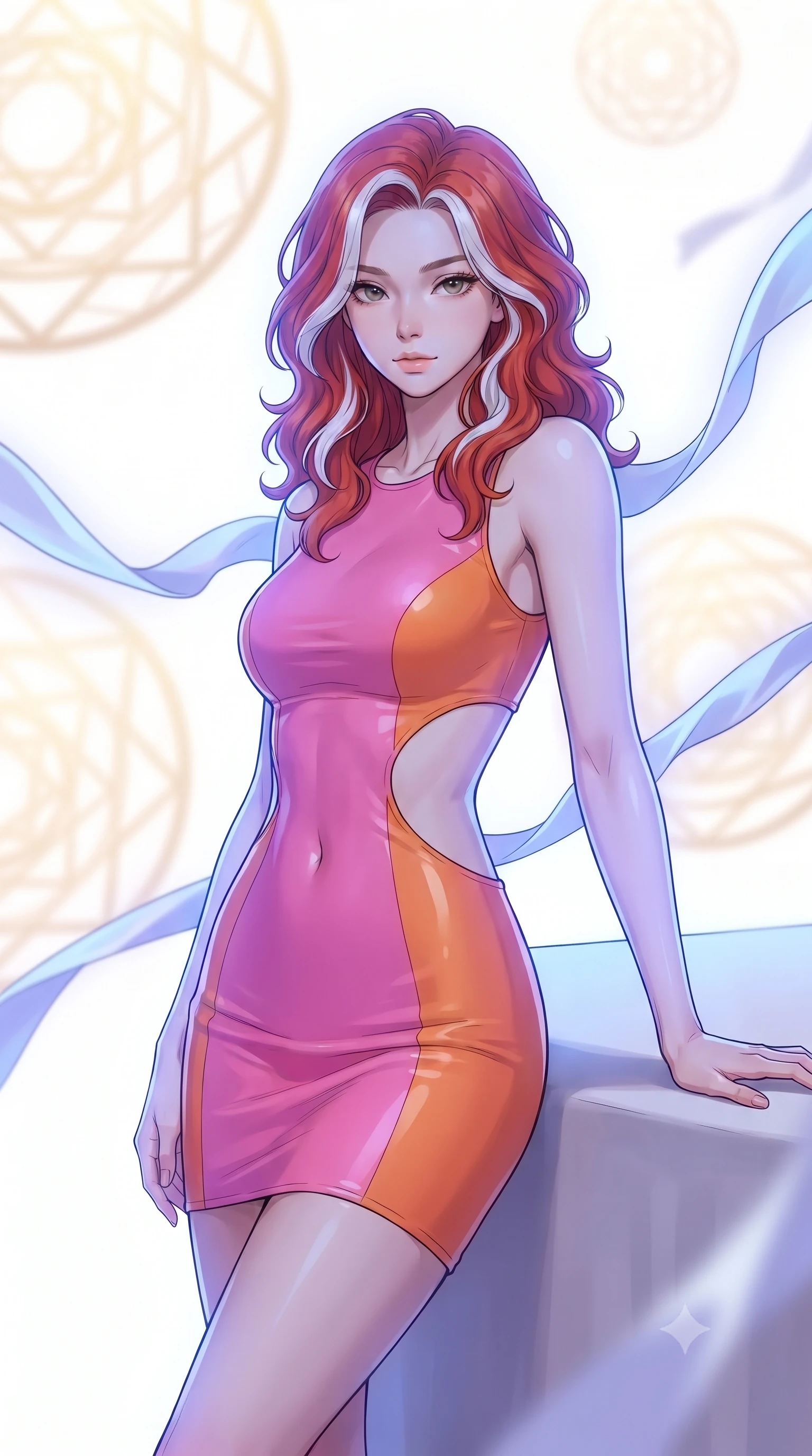 score_9, masterpiece, best quality, ultra-detailed, high-budget anime keyframe, gorgeous anime illustration, with clean line-art and distinct ink outlines, Caucasian woman, strictly human ears. close-up cowboy shot from the waist and thighs up, the character dominates the composition, filling the frame with her large presence, background elements kept in soft focus. Resting one arm elegantly against a surface with a poised relaxed stance. set against a soft-focus background of in a vast white void where geometric mandala patterns made of glowing gold wires rotate in three dimensions, floating ribbons of white silk weaving through the lines. She has an exceptionally elegant and slender, willowy female figure with an ultra-slim waist, a gracefully sculpted slender torso, and a refined slim physique. sharp v-shaped jawline, high-bridge nose, intricate jewel-like eyes with depth, thick eyelashes, glossy lips with a natural sheen. wearing a latex-effect bodycon dress in a pink and orange color-block, featuring side torso cutouts. cool ethereal blue-violet bioluminescent glow wrapping around her from all sides. 2k, ultra detail, master piece, 9:16 ratio, vibrant anime color palette, detailed cel-shading with soft gradients, rich contrast, dynamic lighting, 2d animation style