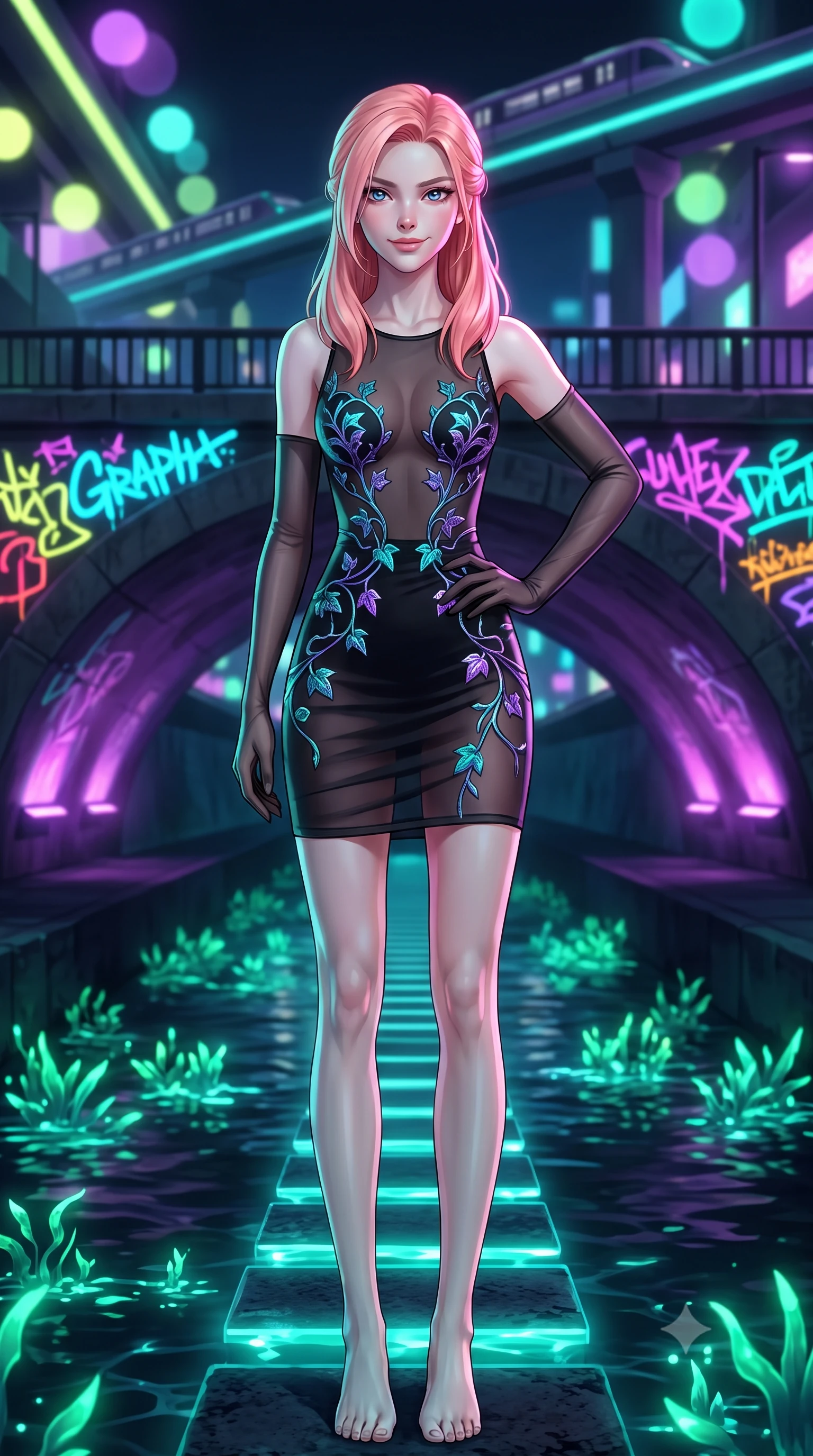 score_9, masterpiece, best quality, ultra-detailed, high-budget anime keyframe, semi-realistic 3D game render, editorial fashion photography, tasteful artistic composition, Japanese woman. close-up cowboy shot from the waist and thighs up, the character dominates the composition, filling the frame with her large presence. tilting her head with a teasing half-smile, running one hand slowly down the side of her hip in a flirtatious S-curve as ambient light caresses her silhouette while standing poised on the illuminated stepping stones across the glowing subterranean stream, arching her spine with seductive grace as maglev trains rumble overhead. The background shows a soft-focus bioluminescent emerald water plants, neon graffiti decals glowing on concrete arches, and overhead maglev track lights blurred into lime, violet, and turquoise bokeh. She has an exceptionally elegant, slender, and willowy female figure with an ultra-slim waist, flat toned midriff, narrow ribcage, and sculpted feminine hips creating an alluring, slim hourglass silhouette without bulk. sharp v-shaped jawline, high-bridge nose, intricate jewel-like sparkling eyes with depth, thick eyelashes, glossy parted lips with a natural peach sheen, bright cheerful beaming smile with an enchanting and coquettish sensual glint, exuding both youthful cute charm and seductive allure, flawlessly proportioned anatomical accuracy, strict slender model proportions, natural body alignment, perfectly sculpted long slender limbs, ultra-slim waistline, clean dynamic posture without body distortion. wearing a provocative sheer noir illusion mesh cocktail dress with embroidered climbing metallic ivy contouring her curves in Cheonggyecheon neon aqua and ultraviolet amethyst, made of fluid liquid jersey with seamless sculpting hold and smooth contours, complemented by sheer opera-length evening gloves tracing her slender arms, the liquid-tight tailored fabric clinging flawlessly to her narrow waist and rounded feminine hips, emphasizing every millimeter of her sculpted slim hourglass curves without any bulky heaviness. bathed in vivid emerald-cyan underwater LEDs combined with ambient violet floodlights from the highway bridges. highly saturated vibrant anime colors, detailed shading with soft gradients, rich glossy textures, high-contrast stereoscopic depth, volumetric dynamic lighting, master piece, 9:16 ratio