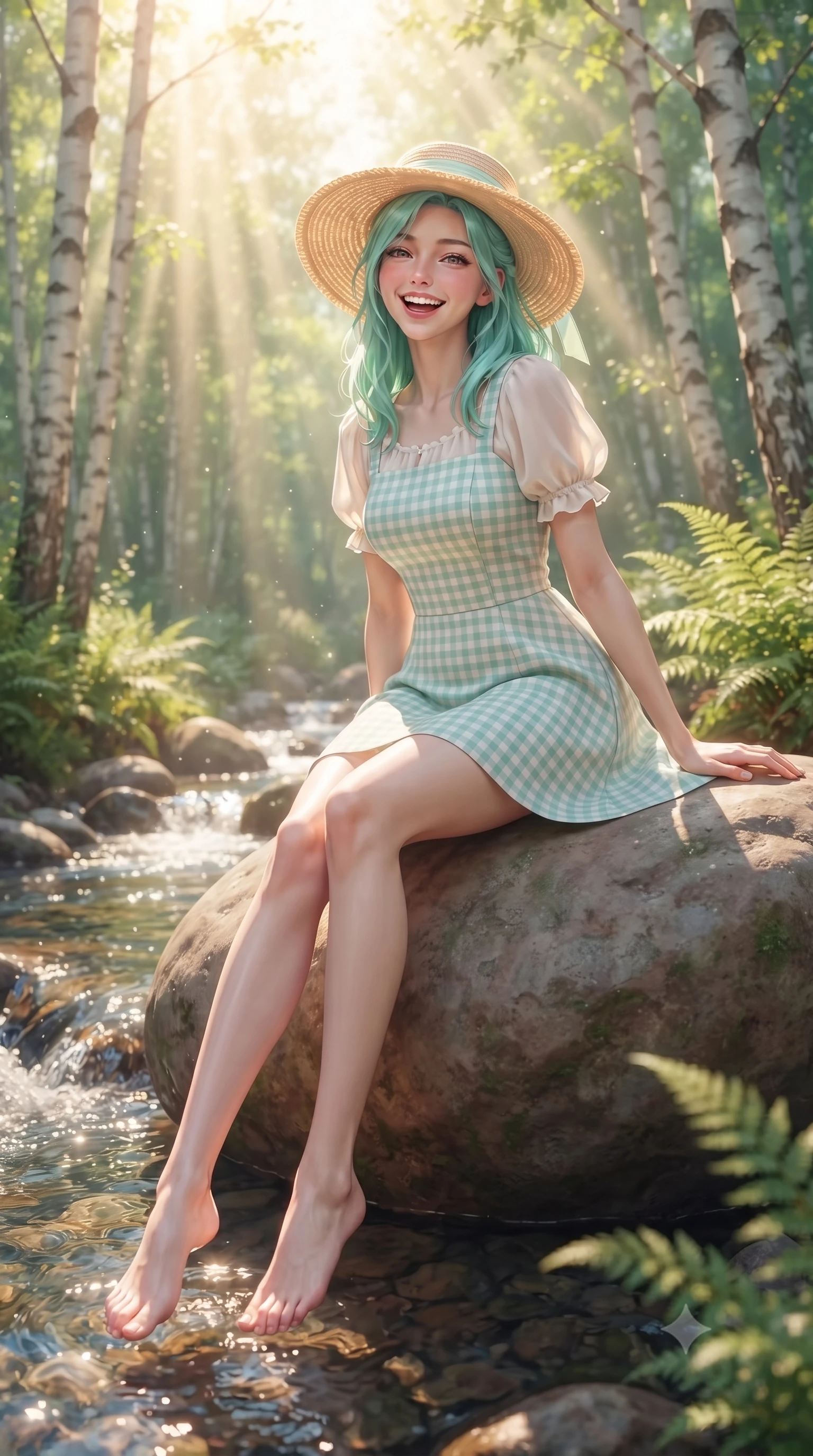 score_9, masterpiece, best quality, ultra-detailed, high-budget anime keyframe, editorial fashion photography, tasteful artistic composition, Japanese woman. low angle full-body shot from head to toe showing her feet, filling the entire 9:16 vertical frame with her statuesque presence, stretching her vertical silhouette. stepping forward gracefully in mid-motion with a delighted cute laugh, displaying her tall slender model proportions while sitting on a smooth river stone dangling her bare feet near the sparkling water, smiling sweetly into the lens. The composition keeps background elements in soft focus with creamy bokeh. babbling brook currents and lush fern undergrowth softened by gentle shallow depth of field. She has an absolutely perfect, statuesque 8.5-heads proportion, an exceptionally tall and slender model-like female figure with impossibly long slender legs, a toned flat midriff, and an ultra-slim waist. sharp v-shaped jawline, high-bridge nose, intricate jewel-like eyes with depth, thick eyelashes, glossy lips with a natural sheen, pure and lovely fresh girlhood expression, flawlessly proportioned anatomical accuracy, strict slender model proportions, natural body alignment, perfectly sculpted long slender limbs, ultra-slim waistline, clean dynamic posture without body distortion. wearing a charming pastel gingham pinafore dress layered over a soft white puff-sleeve blouse in refreshing mint green and crisp sea-salt white, made of fine lightweight chiffon with a soft fluid drape, paired with a wide-brim woven straw hat tied with a pastel ribbon, the tailored casual silhouette highlighting her fresh and youthful presence and perfectly proportioned slender frame. bathed in heavenly volumetric sunbeams piercing through the dense birch canopy. ultra-reflective glossy finish, specular highlights, rich natural textures, high-contrast stereoscopic depth, volumetric dynamic lighting, 2k, ultra detail, master piece, 9:16 ratio