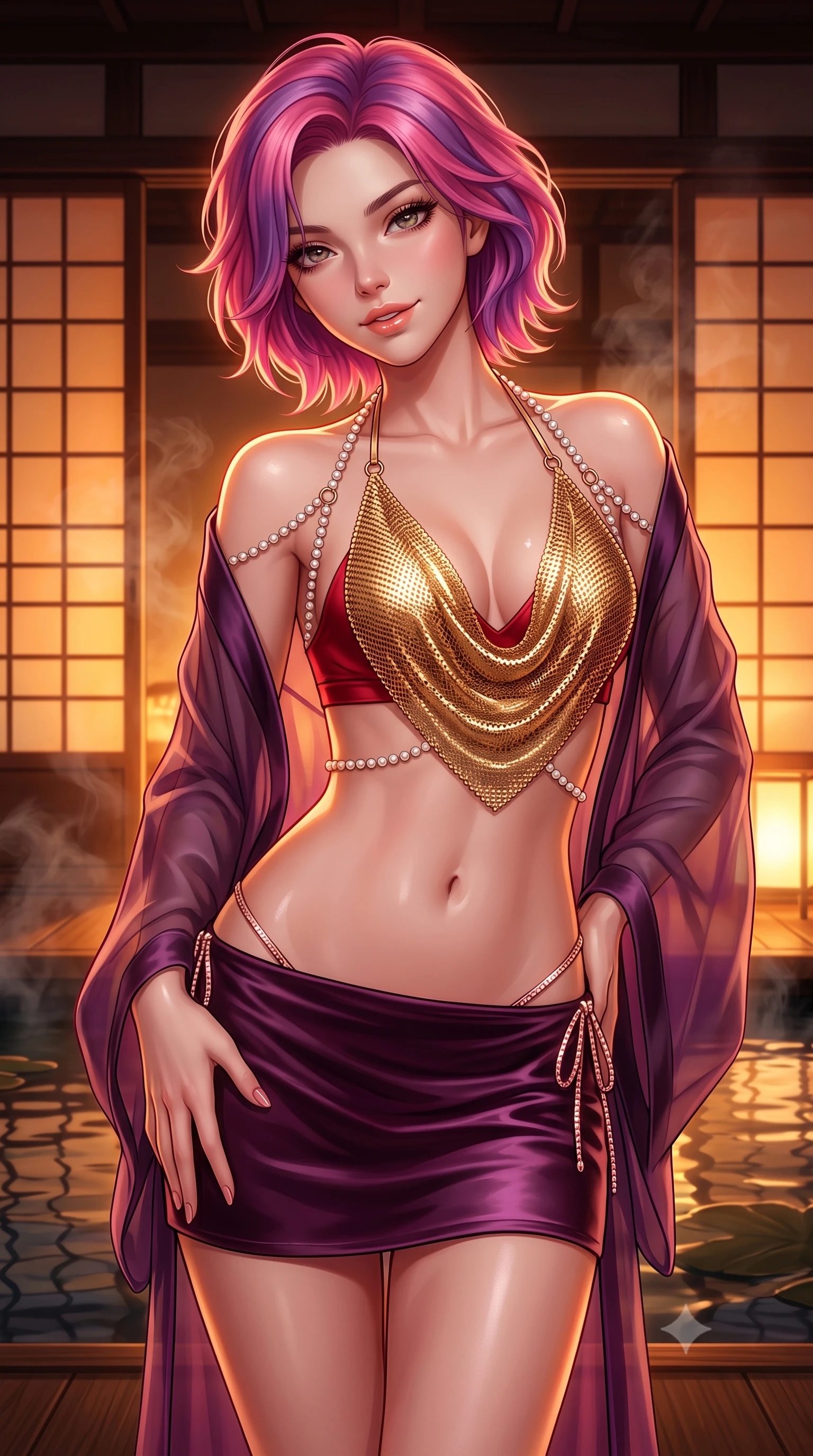 score_9, masterpiece, best quality, ultra-detailed, high-budget anime keyframe, semi-realistic 3D game render, editorial fashion photography, tasteful artistic composition, Caucasian woman. close-up cowboy shot from the waist and thighs up, the character dominates the composition, filling the frame with her large presence. tilting her head with a teasing half-smile, running one hand slowly down the side of her hip in a flirtatious S-curve as ambient light caresses her silhouette while twisting her slender torso in an alluring S-curve, delicate rising pond steam and warm shoji paper lantern glows tracing her silhouette. The surrounding environment is rendered in vivid detail and crisp panoramic clarity: detailed sheer silk organza modern kimono robe slipping off bare shoulders, red satin bralette cling, and bespoke architecture in high resolution. She has an exceptionally elegant, slender, and willowy female figure with an ultra-slim waist, flat toned midriff, narrow ribcage, and sculpted feminine hips creating an alluring, slim hourglass silhouette without bulk. sharp v-shaped jawline, high-bridge nose, sparkling eyes with hypnotic seductive depth, thick curled eyelashes, glossy parted lips with a natural dewy peach sheen, alluring bedroom-eyes with an enchanting coquettish smile, exuding magnetic siren charisma and sophisticated glamour, flawlessly proportioned anatomical accuracy, strict slender model proportions, natural body alignment, perfectly sculpted long slender limbs, ultra-slim waistline, clean dynamic posture without body distortion. wearing a liquid gold chainmail cowl halter top paired with an ultra-low-rise velvet mini skirt and side rhinestone ties in deep plum violet and rose gold, crafted from fluid liquid silk satin that clings smoothly to every curve with a dewy sheen, accented with a pearl-drop body harness subtly framing her dewy collarbones and spine, the second-skin tailored fabric adhering flawlessly to her sculpted flat midriff and slender torso, emphasizing her long leg lines and perfectly proportioned willowy build. bathed in warm 2600K amber light radiating from sliding shoji screens mixed with dark water specular reflection. highly saturated vibrant anime colors, detailed shading with soft gradients, rich glossy textures, high-contrast stereoscopic depth, volumetric dynamic lighting, master piece, 9:16 ratio