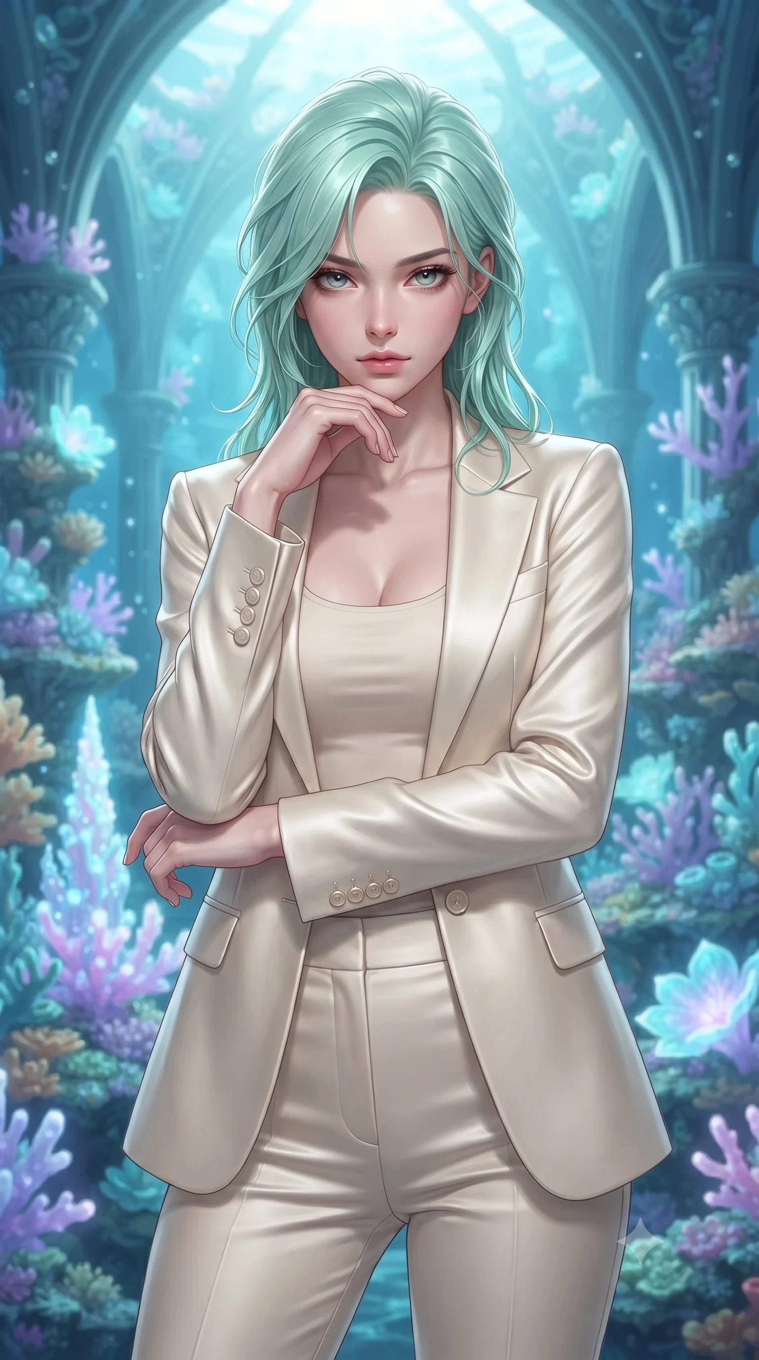score_9, masterpiece, best quality, ultra-detailed, high-budget anime keyframe, editorial fashion photography, tasteful artistic composition, Japanese woman. close-up cowboy shot from the waist and thighs up, the character dominates the composition, filling the frame with her large presence, background elements kept in soft focus. Resting her chin on the backs of her fingers, casting a sharp, mysterious gaze touching a bioluminescent coral spire in a sun-drenched underwater cathedral, glowing coral blossoms emitting soft aqua and lavender light. She has an exceptionally elegant, slender, and willowy female figure with an ultra-slim waist, a gracefully sculpted slender torso, and a refined silhouette. sharp v-shaped jawline, high-bridge nose, intricate jewel-like eyes with depth, thick eyelashes, glossy lips with a natural sheen. wearing a tailored cream silk blazer over a form-contouring scoop-neck top and fitted trousers, the elegant draped fit framing her graceful clavicle and slender torso. lit by clear sun-drenched sea light with soft ethereal shadows. ultra-reflective glossy finish, specular highlights, metallic sheen, high-contrast stereoscopic depth, volumetric dynamic lighting, 2k, ultra detail, master piece, 9:16 ratio