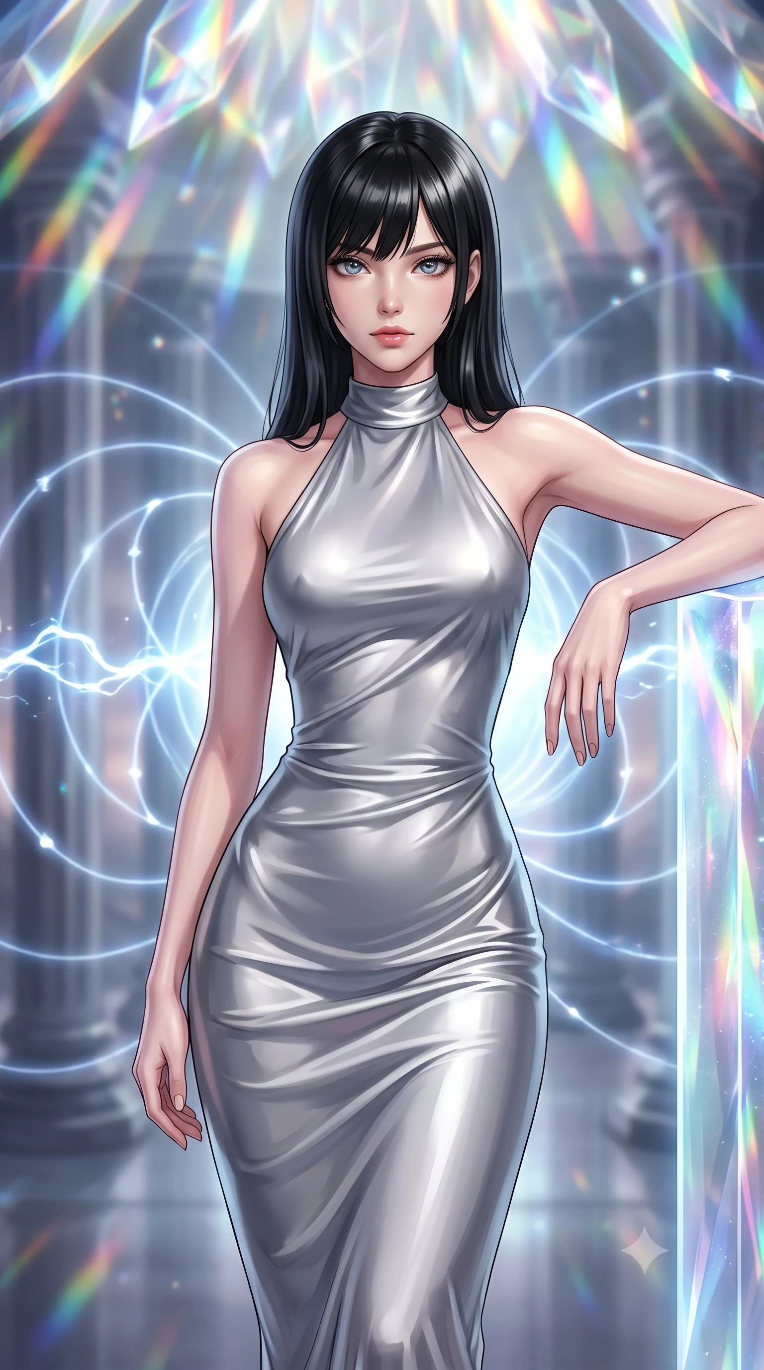 score_9, masterpiece, best quality, ultra-detailed, high-budget anime keyframe, editorial fashion photography, tasteful artistic composition, Caucasian woman, strictly human ears. close-up cowboy shot from the waist and thighs up, the character dominates the composition, filling the frame with her large presence, background elements kept in soft focus. Resting one arm elegantly against a surface with a poised relaxed stance. set against a soft-focus background of a sanctum powered by a magnetar's electromagnetic pulses where controlled energy arcs in beautiful geometric patterns between conductor pillars and magnetic field lines glow visibly in the charged atmosphere. She has an exceptionally elegant and slender, willowy female figure with an ultra-slim waist, a gracefully sculpted slender torso, and a refined slim physique. sharp v-shaped jawline, high-bridge nose, intricate jewel-like eyes with depth, thick eyelashes, glossy lips with a natural sheen. wearing a liquid silver midi dress with a high halter neckline, draped elegantly to contour her slender physique. cascading rainbow prismatic light refracting through crystal formations overhead. 2k, ultra detail, master piece, 9:16 ratio