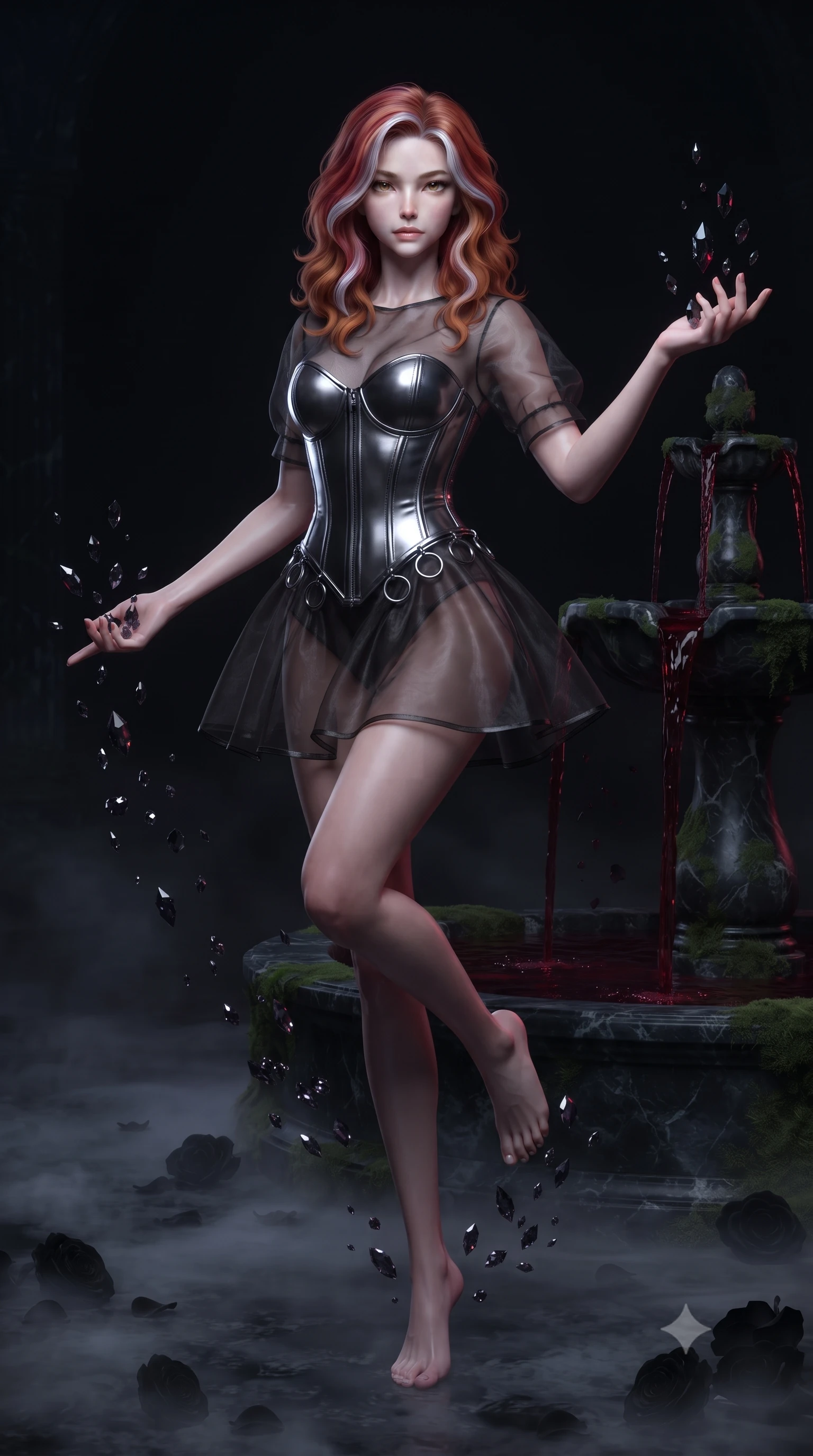 score_9, masterpiece, best quality, ultra-detailed, high-budget anime keyframe, editorial fashion photography, tasteful artistic composition, Caucasian woman. low angle full-body shot from head to toe showing her feet, filling the entire 9:16 vertical frame with her statuesque presence, stretching her vertical silhouette. interacting with floating dark crystal particles, her long slender legs poised in motion, resting against a moss-covered dark marble fountain flowing with dark ruby water, velvety black rose petals floating on dark mist-covered ground. She has an absolutely perfect, statuesque 8.5-heads proportion, an exceptionally tall and slender model-like female figure with impossibly long slender legs and an ultra-slim waist. sharp v-shaped jawline, high-bridge nose, intricate jewel-like eyes with depth, thick eyelashes, glossy lips with a natural sheen. wearing translucent dark organza mini dress over structured black lace corset in metallic dark silver, made of polished black leather, trimmed with dark chrome ring hardware along the waist contours, highlighting her statuesque proportions and ultra-slim waistline. bathed in eerie blood-crimson moonlight and pitch-black nocturnal shadows. ultra-reflective glossy finish, specular highlights, metallic sheen, high-contrast stereoscopic depth, volumetric dynamic lighting, 2k, ultra detail, master piece, 9:16 ratio