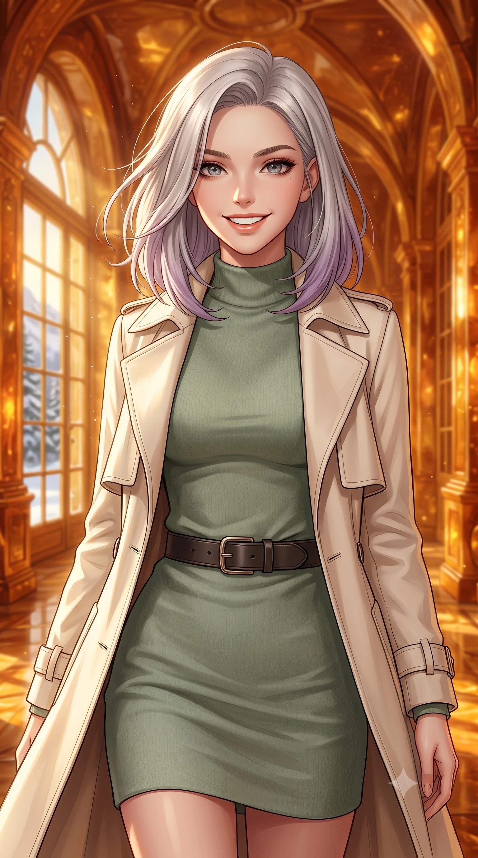 score_9, masterpiece, best quality, ultra-detailed, high-budget anime keyframe, editorial fashion photography, tasteful artistic composition, Caucasian woman, strictly human ears. close-up cowboy shot from the waist and thighs up, the character dominates the composition, filling the frame with her large presence, background elements kept in soft focus. Casting a bright, energetic glance toward the camera with a cheerful grin. set against a soft-focus background of standing inside a grand corridor of a palace made entirely of warm fossilized amber in a snowy pine mountain valley, glowing from within during a winter sunset. She has an exceptionally elegant, slender, and willowy female figure with a highly-defined ultra-slim waist, a gracefully sculpted slender torso, and a refined slim-fit silhouette that contours her form. sharp v-shaped jawline, high-bridge nose, intricate jewel-like eyes with depth, thick eyelashes, glossy lips with a natural sheen. wearing a modern cream trench coat layered over a sage green mock-neck cashmere dress, cinched with a dark leather belt. golden hour sunlight streaming in warm shafts with floating dust particles catching the light. 2k, ultra detail, master piece, 9:16 ratio