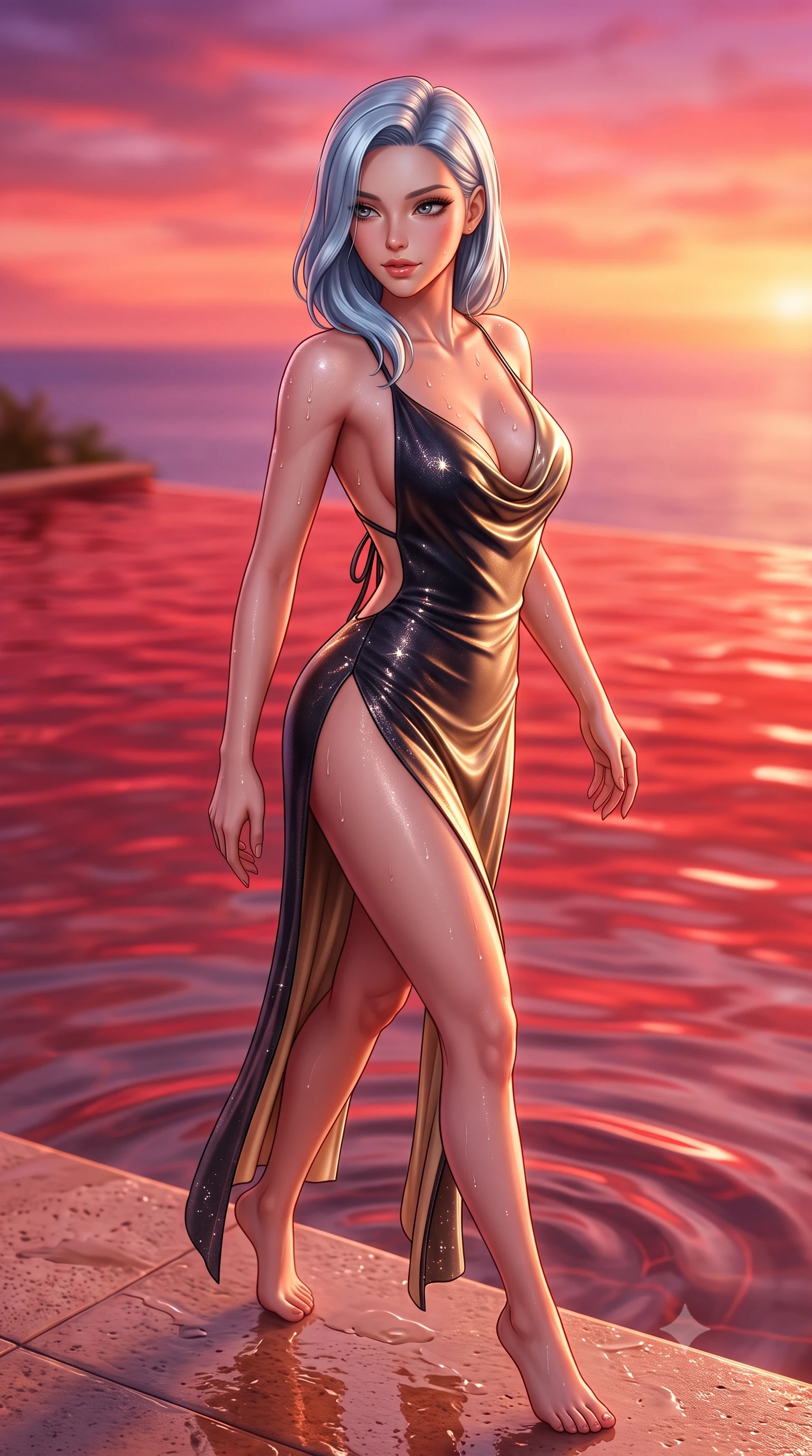 score_9, masterpiece, best quality, ultra-detailed, high-budget anime keyframe, semi-realistic 3D game render, editorial fashion photography, tasteful artistic composition, Korean woman. close-up cowboy shot from the waist and thighs up, the character dominates the composition, filling the frame with her large presence. perched sideways on the lounge seat, one knee drawn up to showcase her slender leg line while her arched back accentuates her feminine hip curve while walking slowly along the wet travertine edge of the infinity pool, arching her spine with seductive grace as the fiery crimson sunset reflects in the water. The background shows a soft-focus swirling pool water ripples softened in cinematic Mediterranean shallow focus. She has an exceptionally elegant, slender, and willowy female figure with an ultra-slim waist, flat toned midriff, narrow ribcage, and sculpted feminine hips creating an alluring, slim hourglass silhouette without bulk. sharp v-shaped jawline, high-bridge nose, sparkling eyes with hypnotic seductive depth, thick curled eyelashes, glossy parted lips with a natural dewy peach sheen, alluring bedroom-eyes with an enchanting coquettish smile, exuding magnetic siren charisma and sophisticated glamour, flawlessly proportioned anatomical accuracy, strict slender model proportions, natural body alignment, perfectly sculpted long slender limbs, ultra-slim waistline, clean dynamic posture without body distortion. wearing a plunging cowl-neck liquid cashmere-silk slip gown with daring hip-high double slits and delicate back ties in midnight obsidian black and liquid champagne gold, woven from stretch metallic lurex jersey casting radiant starlight glints across her silhouette, finished with glistening drops of hot spring water beading across her sculpted shoulders and collarbones, the precision-cut side openings and low-back scoop framing her graceful spine and the sensual sweep of her slim, toned hips. bathed in saturated crimson, apricot, and lavender sunset light blazing across the Tuscan sky. highly saturated vibrant anime colors, detailed shading with soft gradients, rich glossy textures, high-contrast stereoscopic depth, volumetric dynamic lighting, master piece, 9:16 ratio