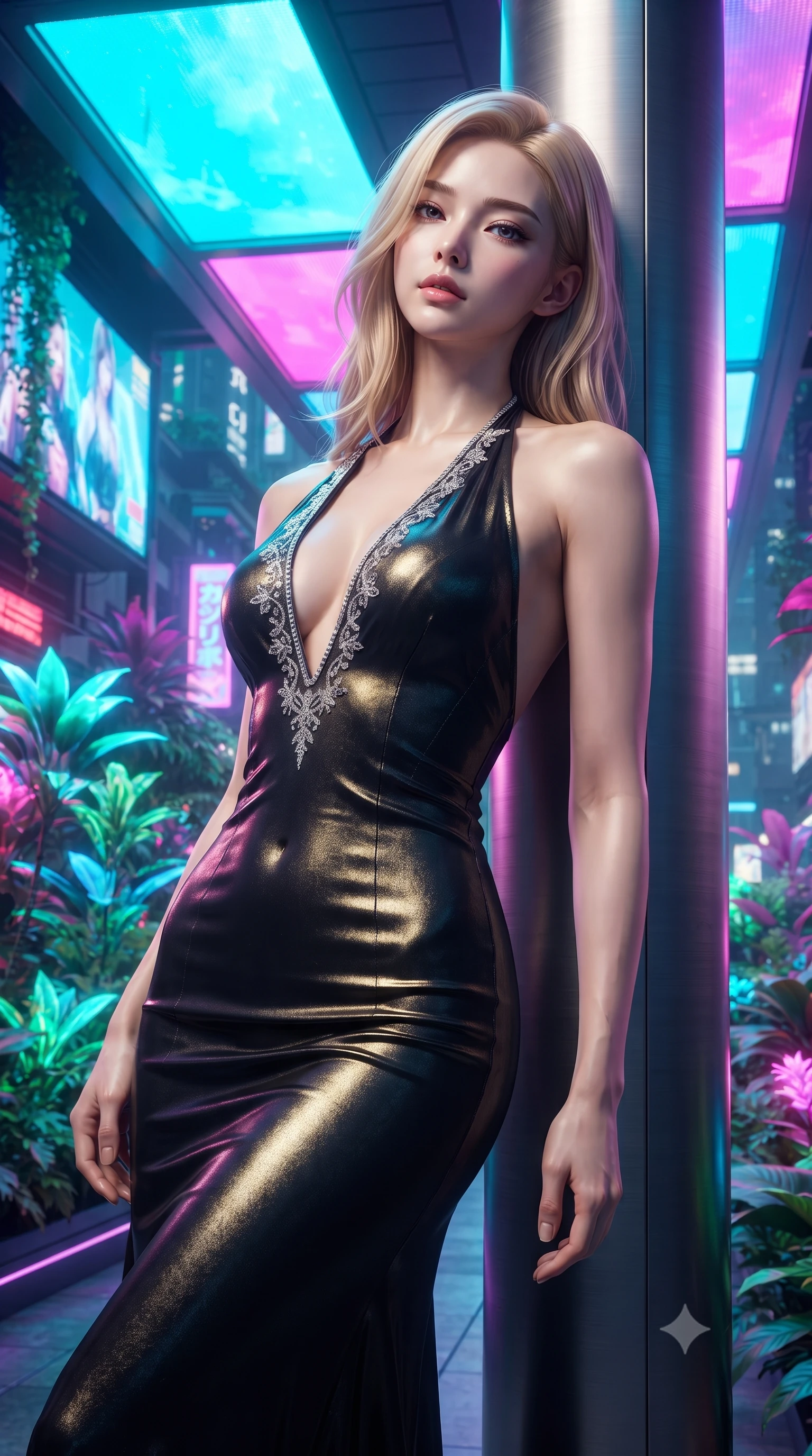 score_9, masterpiece, best quality, ultra-detailed, high-budget anime keyframe, editorial fashion photography, tasteful artistic composition, Korean woman. close-up cowboy shot from the waist and thighs up, the character dominates the composition, filling the frame with her large presence. leaning back with relaxed seductive grace, her sculpted collarbones and narrow waist highlighted as she casts smoldering bedroom-eyes directly into the camera while reclining against the smooth titanium skyway pylon, head tilted back in awe as color-shifting LED canopies cast vivid hues over her silhouette. The surrounding environment is rendered in vivid detail and crisp panoramic clarity. vibrant high-contrast cyberpunk botanical chiaroscuro and cutting-edge tropical metropolis aesthetics in precision. She has an exceptionally elegant, slender, and willowy female figure with an ultra-slim waist, flat toned midriff, narrow ribcage, and sculpted feminine hips creating an alluring, slim hourglass silhouette without bulk. sharp v-shaped jawline, high-bridge nose, intricate jewel-like eyes with depth, thick eyelashes, glossy parted lips with a natural sheen, intensely captivating and seductive bedroom-eyes expression, flawlessly proportioned anatomical accuracy, strict slender model proportions, natural body alignment, perfectly sculpted long slender limbs, ultra-slim waistline, clean dynamic posture without body distortion. wearing a plunging halter-neck metallic lamé column dress with a dramatic bare spine and hip-defining ruching in midnight obsidian black and liquid gold, made of fluid silk crepe with delicate inner corsetry boning, finished with delicate crystal frost embroidery tracing the plunging neckline, the form-contouring material adhering flawlessly to her sculpted flat midriff and slender torso, emphasizing her long leg lines and perfectly proportioned willowy build. illuminated by wet specular glass bounce lights sculpting her toned waistline, slender spine, and feminine hips. ultra-reflective glossy finish, specular highlights, rich textural contrasts, high-contrast stereoscopic depth, volumetric dynamic lighting, 2k, ultra detail, master piece, 9:16 ratio