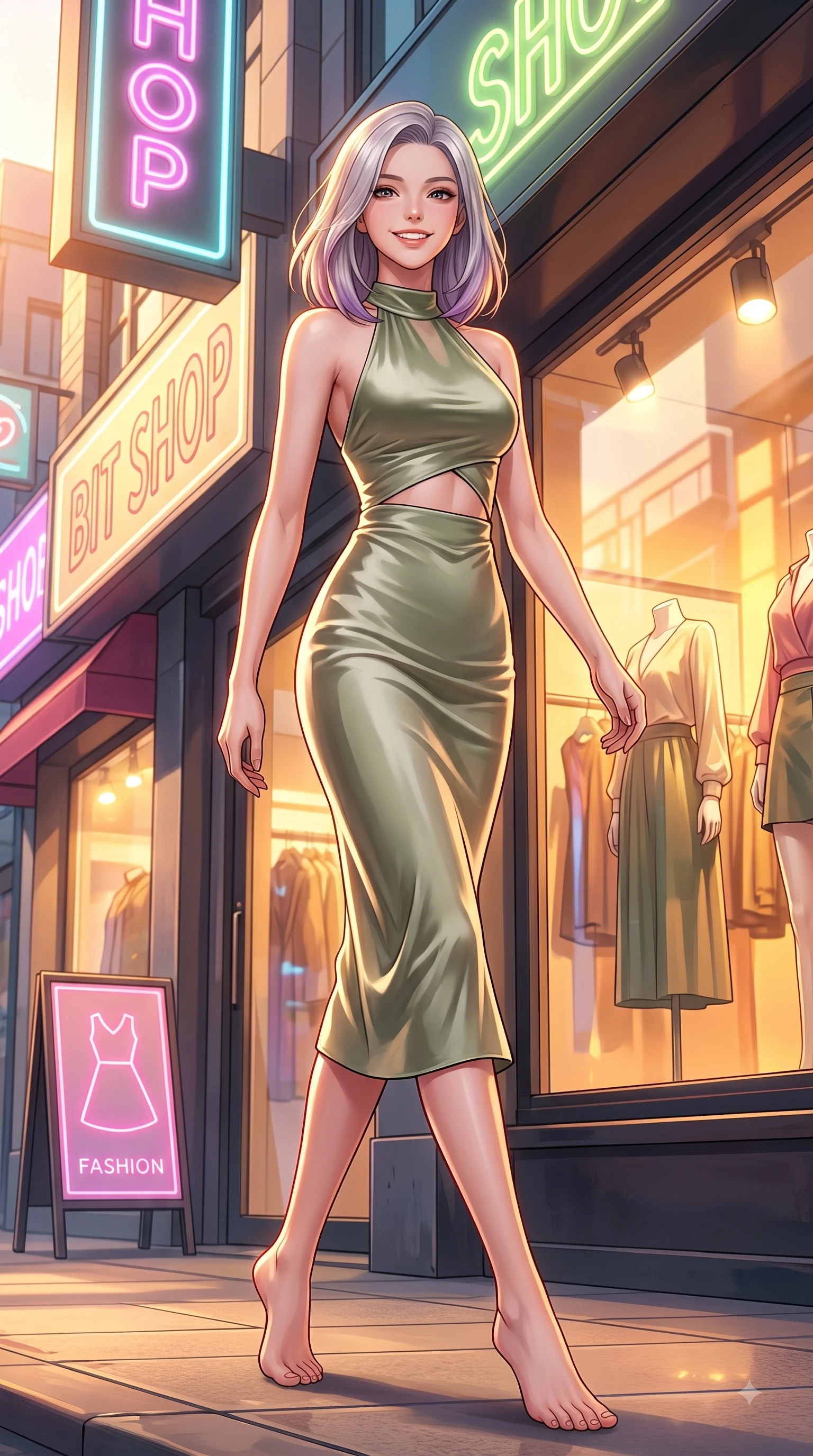 score_9, masterpiece, best quality, ultra-detailed, high-budget anime keyframe, editorial fashion photography, tasteful artistic composition, Caucasian woman. low angle full-body shot from head to toe showing her feet, filling the entire 9:16 vertical frame with her statuesque presence, stretching her vertical silhouette. stepping forward in a proud dynamic stride with a cheerful beaming smile, her vertical silhouette filling the frame while pivoting in a stylish stride under neon shop signs as urban sunbeams illuminate her cute smile, trendy fashion window displays reflecting golden afternoon sunlight vividly. She has an absolutely perfect, statuesque 8.5-heads proportion, an exceptionally tall and slender model-like female figure with impossibly long slender legs and an ultra-slim waist. sharp v-shaped jawline, high-bridge nose, intricate jewel-like eyes with depth, thick eyelashes, glossy lips with a natural sheen, flawlessly proportioned anatomical accuracy, natural body alignment, perfectly sculpted elegant limbs, clean dynamic posture without body distortion. wearing a velvet halter-neck midi dress following her form like a glove in sage green and oatmeal, crafted from lustrous satin jersey with fluid draping, featuring subtle geometric cutouts that highlight her ultra-slim midriff, the glove-like fit emphasizing her statuesque silhouette during motion. bathed in bright golden hour sunshine and warm urban ambient illumination. highly saturated vibrant anime colors, detailed shading with soft gradients, rich glossy textures, high-contrast stereoscopic depth, volumetric dynamic lighting, master piece, 9:16 ratio