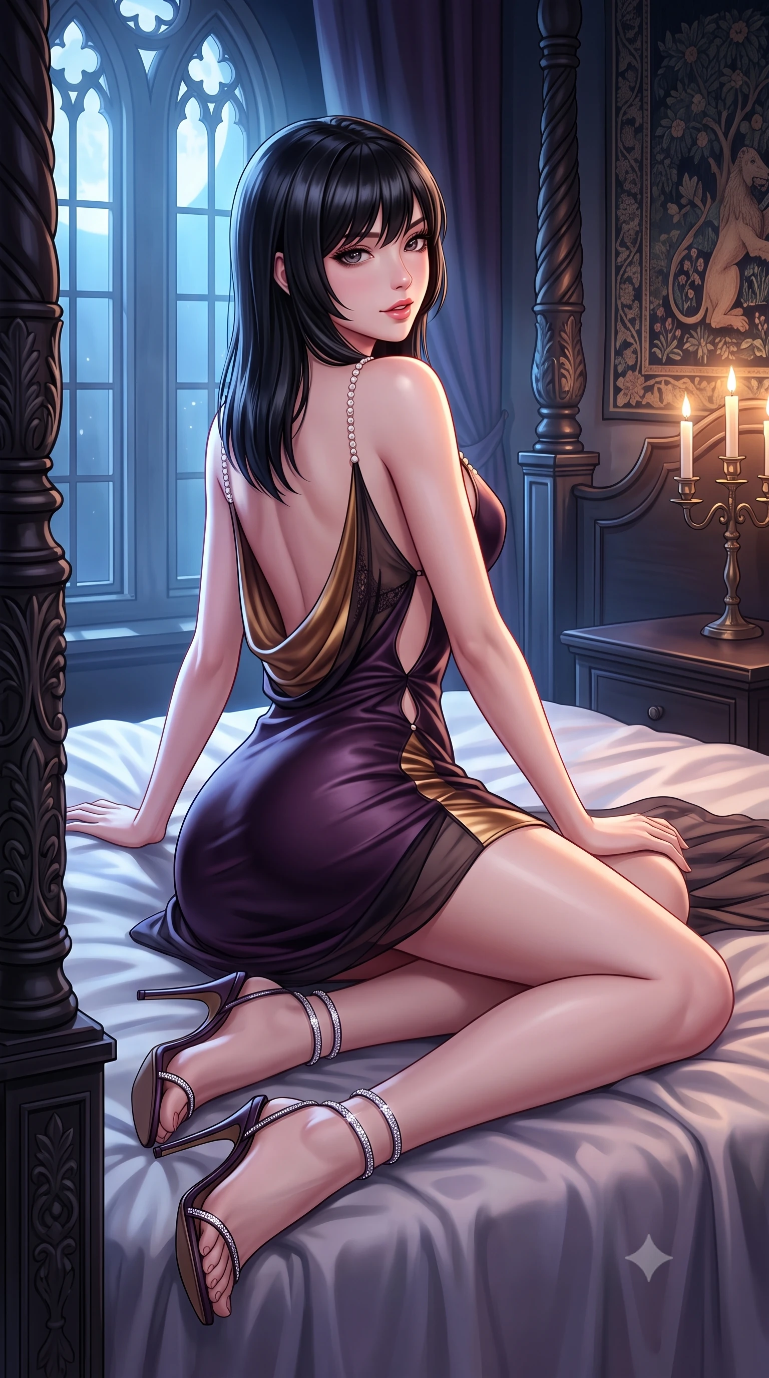 score_9, masterpiece, best quality, ultra-detailed, high-budget anime keyframe, semi-realistic 3D game render, editorial fashion photography, tasteful artistic composition, Caucasian woman. close-up cowboy shot from the waist and thighs up, the character dominates the composition, filling the frame with her large presence. posing in an alluring rear three-quarter angle, looking over a bare shoulder with parted glossy lips, her hips cocked back to highlight her slim hourglass curve while reclining sideways on the plush silk duvet propped on one elbow, her flat midriff and long slender legs commanding the intimate boudoir. The surrounding environment is rendered in vivid detail and crisp panoramic clarity: sharp silk bedsheet creases, carved ebony bedpost reliefs, and gothic wall tapestry threads in deep focus. She has an exceptionally elegant, slender, and willowy female figure with an ultra-slim waist, flat toned midriff, narrow ribcage, and sculpted feminine hips creating an alluring, slim hourglass silhouette without bulk. sharp v-shaped jawline, high-bridge nose, sparkling eyes with hypnotic seductive depth, thick curled eyelashes, glossy parted lips with a natural dewy peach sheen, alluring bedroom-eyes with an enchanting coquettish smile, exuding magnetic siren charisma and sophisticated glamour, flawlessly proportioned anatomical accuracy, strict slender model proportions, natural body alignment, perfectly sculpted long slender limbs, ultra-slim waistline, clean dynamic posture without body distortion. wearing a low-cut draped cowl-back satin slip mini dress with dainty pearl spaghetti straps and hip-hugging silhouette in dark plum violet and gilded bronze with sheer obsidian overlays, woven from buttery-soft stretch lambskin leather adhering to her body like a second skin, complemented by strappy stiletto sandals with crystal ankle wraps accentuating her slender calves, the precision-cut side openings and low-back scoop framing her graceful spine and the sensual sweep of her slim, toned hips. bathed in cool moonlight streaming through tall gothic windows mixed with soft bedside candelabra warmth. highly saturated vibrant anime colors, detailed shading with soft gradients, rich glossy textures, high-contrast stereoscopic depth, volumetric dynamic lighting, master piece, 9:16 ratio