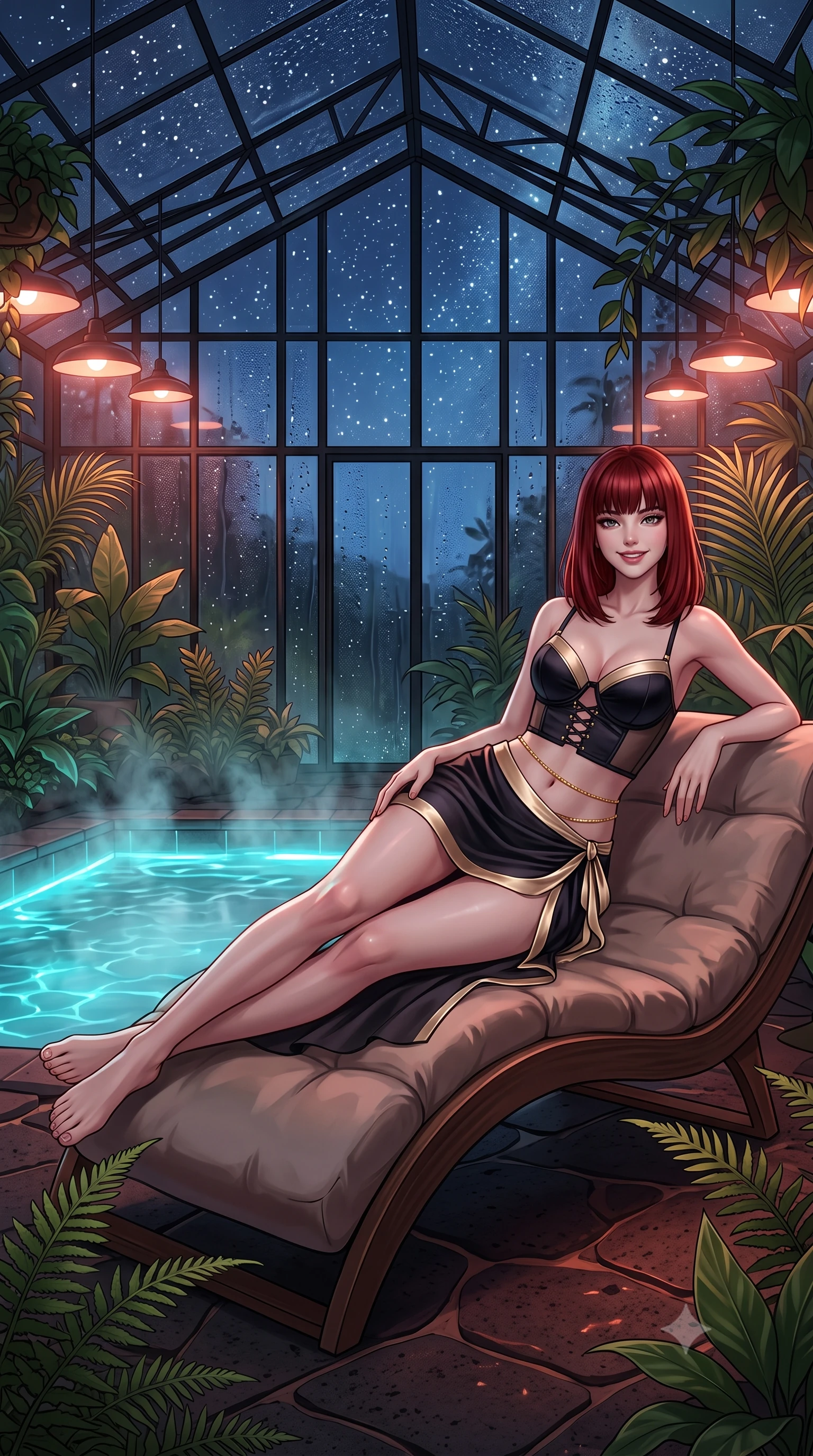 score_9, masterpiece, best quality, ultra-detailed, high-budget anime keyframe, editorial fashion photography, tasteful artistic composition, Caucasian woman. low angle full-body shot from head to toe showing her feet, filling the entire 9:16 vertical frame with her statuesque presence, stretching her vertical silhouette. reclining gracefully across the plush chaise lounge with one leg extended, her sculpted silhouette and flat midriff radiating magnetic nocturnal glamour while standing poised on the heated lava stone deck beside the steaming botanical thermal pool under the soaring glass conservatory truss, arching her back with siren allure. The surrounding environment is rendered in vivid detail and crisp panoramic clarity: sharp black iron greenhouse frame mullions, exotic fern frond veins, and water droplet condensation beads on glass in deep focus. She has an exceptionally tall and slender model-like 8.5-heads proportion, an ultra-slim waist, a flat toned midriff, narrow delicate ribcage, and beautifully sculpted feminine hips creating a graceful, slim hourglass silhouette without any bulky heaviness, with impossibly long slender legs. sharp v-shaped jawline, high-bridge nose, intricate jewel-like sparkling eyes with depth, thick eyelashes, glossy parted lips with a natural peach sheen, bright cheerful beaming smile with an enchanting and coquettish sensual glint, exuding both youthful cute charm and seductive allure, flawlessly proportioned anatomical accuracy, strict slender model proportions, natural body alignment, perfectly sculpted long slender limbs, ultra-slim waistline, clean dynamic posture without body distortion. wearing a sculpted satin underwire crop bustier with lace-up side ties paired with a micro skirt in deep midnight obsidian black and champagne gold, featuring strategic sheer-illusion tulle side panels framing her ribcage and hips, accented with a dainty gold belly chain resting across her flat midriff and curving hips, the high-slit wrap tailoring accentuating her ultra-slim waistline and the enchanting curve of her feminine hips with alluring seductive charm. bathed in warm 2600K botanical grow lamps combined with turquoise underwater pool LEDs and clear Arctic starlight through glass. ultra-reflective glossy finish, specular highlights, rich textural contrasts, high-contrast stereoscopic depth, volumetric dynamic lighting, 2k, ultra detail, master piece, 9:16 ratio