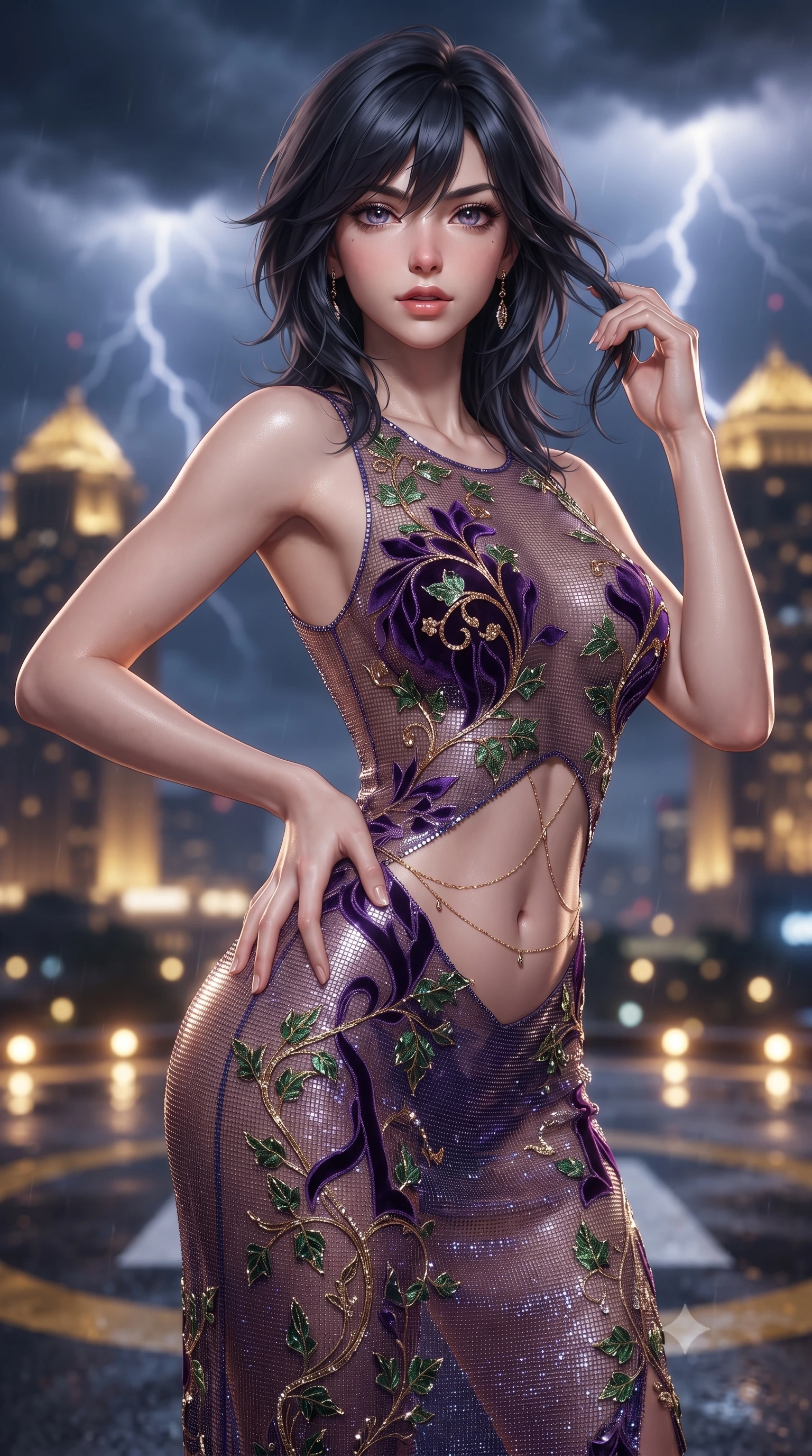score_9, masterpiece, best quality, ultra-detailed, high-budget anime keyframe, editorial fashion photography, tasteful artistic composition, Caucasian woman. close-up cowboy shot from the waist and thighs up, the character dominates the composition, filling the frame with her large presence. twisting her slender torso in an alluring contrapposto stance, one hand resting on her sculpted hip while her fingers toy with her hair with effortless poise while twisting her slender torso in an alluring S-curve, tropical night storm winds billowing her sheer cape around her long slender legs and curvy hips. The background shows a soft-focus swirling storm clouds with lightning flashes, golden casino tower rooftops, and wet landing pad markings blurred into gold, indigo, and platinum bokeh. She has an exceptionally elegant, slender, and willowy female figure with an ultra-slim waist, flat toned midriff, narrow ribcage, and sculpted feminine hips creating an alluring, slim hourglass silhouette without bulk. sharp v-shaped jawline, high-bridge nose, sparkling eyes with hypnotic seductive depth, thick curled eyelashes, glossy parted lips with a natural dewy peach sheen, alluring bedroom-eyes with an enchanting coquettish smile, exuding magnetic siren charisma and sophisticated glamour, flawlessly proportioned anatomical accuracy, strict slender model proportions, natural body alignment, perfectly sculpted long slender limbs, ultra-slim waistline, clean dynamic posture without body distortion. wearing a provocative sheer illusion mesh botanical dress with embroidered climbing ivy ribbons contouring her curves in high-roller royal purple velvet and gilded bronze with crystal trims, crafted from shimmering fluid chainmail mesh reflecting ambient casino lights, accented with a dainty gold belly chain resting across her flat midriff and curving hips, the liquid-tight tailored fabric clinging flawlessly to her narrow waist and rounded feminine hips, emphasizing every millimeter of her sculpted slim hourglass curves without any bulky heaviness. bathed in golden helipad perimeter beacon lights combined with sudden lightning flash strobes. ultra-reflective glossy finish, specular highlights, rich textural contrasts, high-contrast stereoscopic depth, volumetric dynamic lighting, 2k, ultra detail, master piece, 9:16 ratio