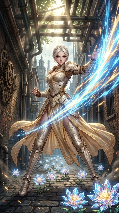 score_9, masterpiece, best quality, ultra-detailed, Set A: High-budget Anime Keyframe, Korean woman. Low angle cowboy shot filling the entire 9:16 frame with her statuesque presence. Theme: Primal Nature. unleashing a massive energy wave in a steampu