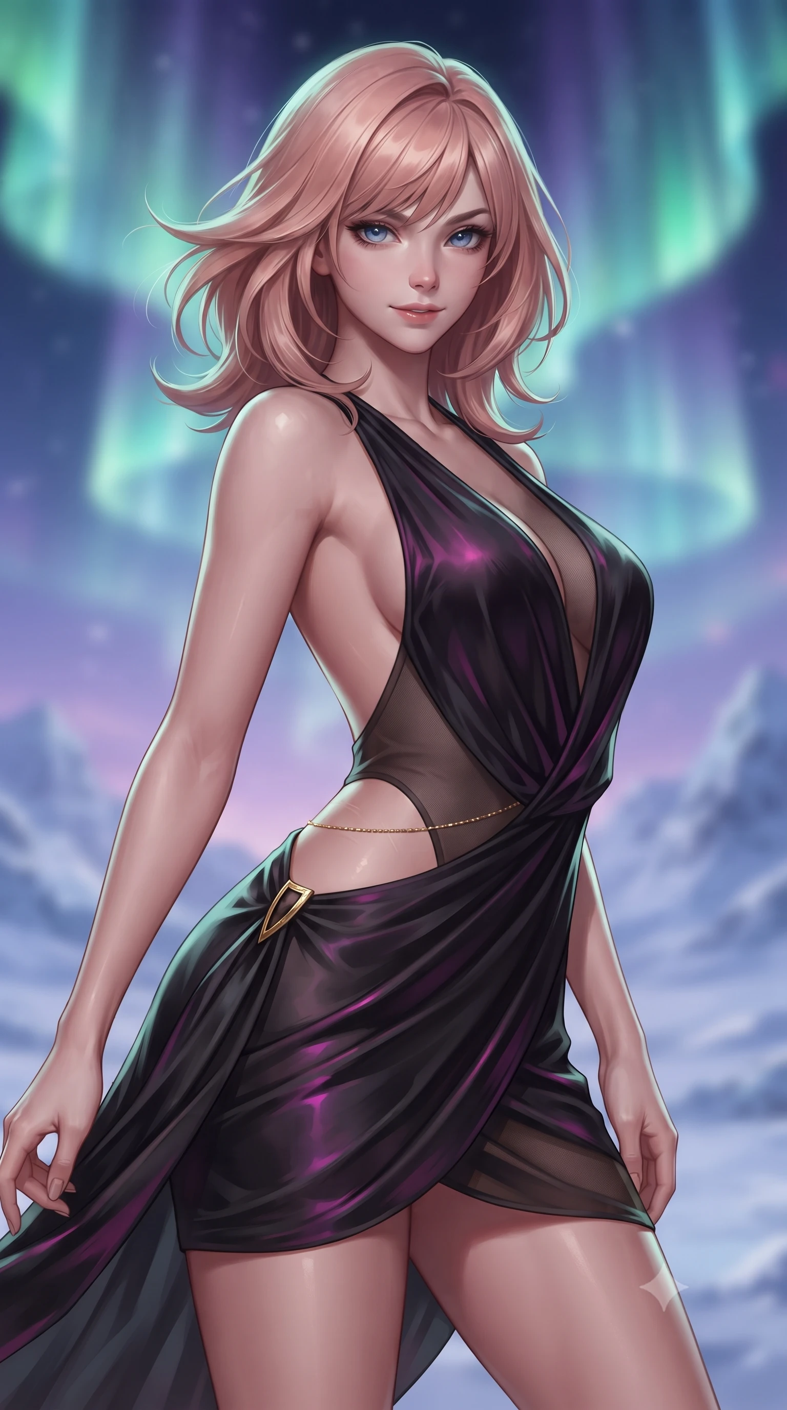 score_9, masterpiece, best quality, ultra-detailed, high-budget anime keyframe, editorial fashion photography, tasteful artistic composition, Japanese woman. close-up cowboy shot from the waist and thighs up, the character dominates the composition, filling the frame with her large presence. turning slowly with an enchanting smoldering smile, her glossy hair tossing in the breeze as her hips angle gracefully in a captivating contrapposto while twisting her slender torso in an alluring S-curve, dynamic green and crimson auroral waves cascading across her silhouette and curvy hips. The background shows a soft-focus monumental multi-tiered aurora borealis corona shimmering across the polar sky, vast tundra snowfields, and distant icy peaks blurred into violet, lime, and obsidian bokeh. She has an exceptionally elegant, slender, and willowy female figure with an ultra-slim waist, flat toned midriff, narrow ribcage, and sculpted feminine hips creating an alluring, slim hourglass silhouette without bulk. sharp v-shaped jawline, high-bridge nose, sparkling eyes with hypnotic seductive depth, thick curled eyelashes, glossy parted lips with a natural dewy peach sheen, alluring bedroom-eyes with an enchanting coquettish smile, exuding magnetic siren charisma and sophisticated glamour, flawlessly proportioned anatomical accuracy, strict slender model proportions, natural body alignment, perfectly sculpted long slender limbs, ultra-slim waistline, clean dynamic posture without body distortion. wearing a draped Greek-goddess style silk chiffon mini toga dress with an open back and golden hip fibula in wet-look onyx black with electric magenta reflections, made of semi-opaque stretch illusion mesh with soft shadowy contours, accented with a dainty gold belly chain resting across her flat midriff and curving hips, the liquid-tight tailored fabric clinging flawlessly to her narrow waist and rounded feminine hips, emphasizing every millimeter of her sculpted slim hourglass curves without any bulky heaviness. illuminated by ground-level warm slate up-lights and sharp icy-emerald rim lights defining her delicate clavicles, narrow waist, and curvy hips. ultra-reflective glossy finish, specular highlights, rich textural contrasts, high-contrast stereoscopic depth, volumetric dynamic lighting, 2k, ultra detail, master piece, 9:16 ratio