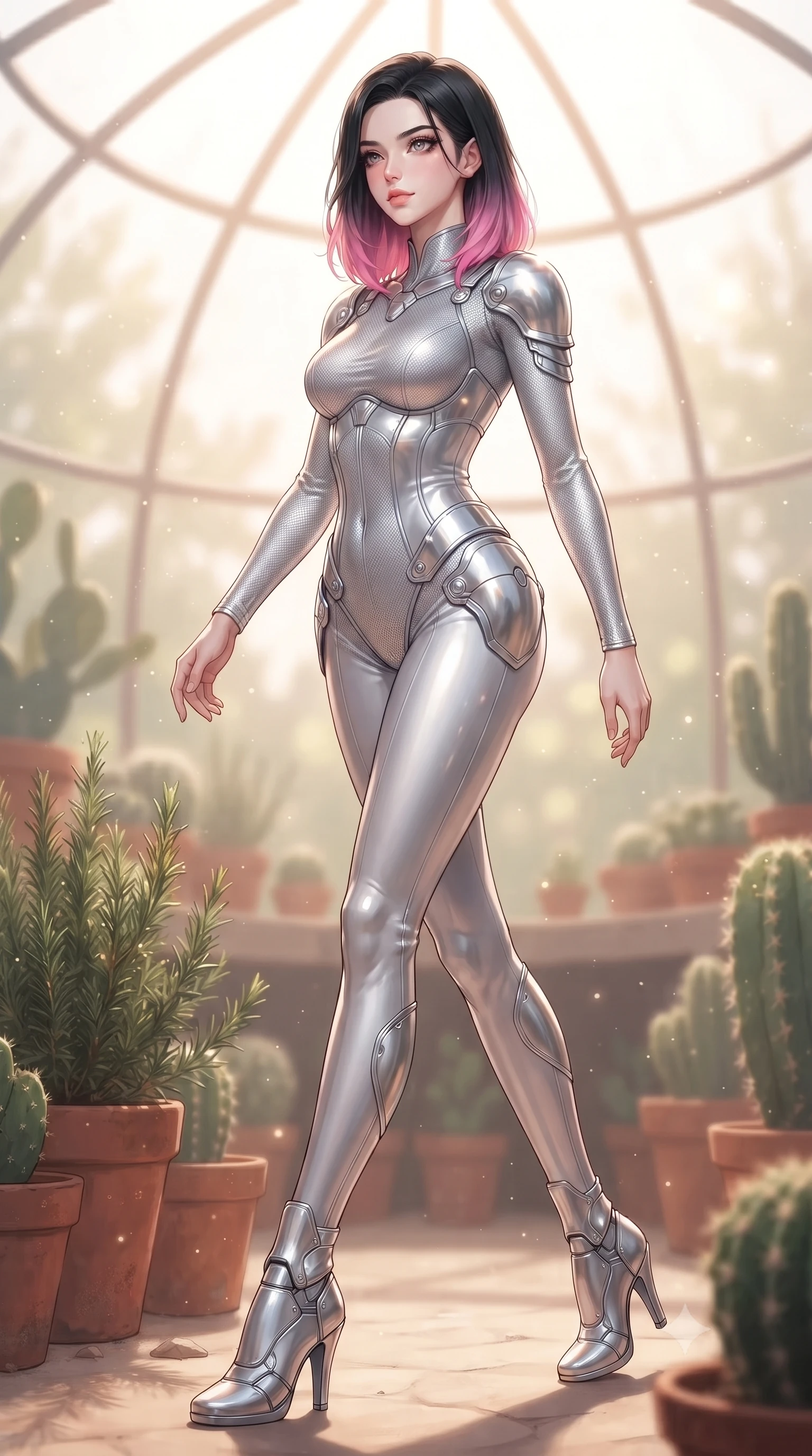 score_9, masterpiece, best quality, ultra-detailed, high-budget anime keyframe, editorial fashion photography, tasteful artistic composition, Korean woman. low angle full-body shot from head to toe showing her feet, filling the entire 9:16 vertical frame with her statuesque presence, stretching her vertical silhouette. stepping gracefully through floating stardust particles, her body-contouring suit showing her athletic, slender silhouette, the background shows a soft-focus a desert greenhouse dome, surrounded by terracotta pots, rosemary, and cacti. She has an absolutely perfect, statuesque 8.5-heads proportion, an exceptionally tall and slender model-like female figure with impossibly long slender legs and an ultra-slim waist. sharp v-shaped jawline, high-bridge nose, intricate jewel-like eyes with depth, thick eyelashes, glossy lips with a natural sheen. wearing a form-contouring delicate silver nano-mesh bodysuit with strategically placed chrome armor plate guards covering key curves. warm, diffused daylight creating a quiet and productive mood. ultra-reflective glossy finish, specular highlights, metallic sheen, high-contrast stereoscopic depth, volumetric dynamic lighting, 2k, ultra detail, master piece, 9:16 ratio