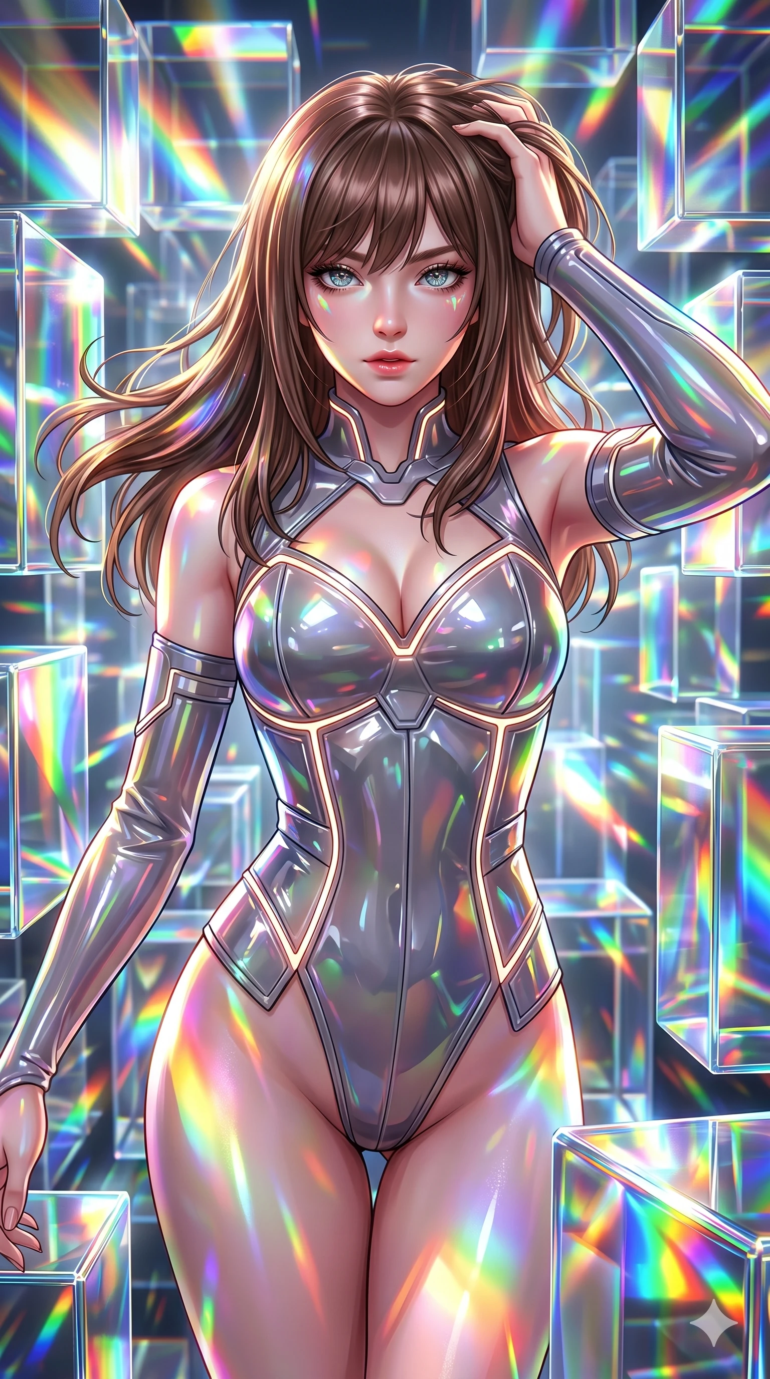 score_9, masterpiece, best quality, ultra-detailed, high-budget anime keyframe, semi-realistic 3D game render, Korean woman. Upper body close-up from the thighs up, character filling the screen for maximum presence. She is moving with dynamic energy, reflecting in a maze of giant prismatic glass blocks that shower bright spectrums of light. She runs a hand through her hair with a playful, teasing expression. She has an absolutely perfect 8-heads proportion, a tall and elegant figure with a refined silhouette and a defined waistline. V-shaped jawline, high-bridge nose, intricate jewel-like eyes with depth, thick eyelashes, glossy lips with a natural sheen. She is wearing a structured cybernetic bodice in glossy vinyl panels, paired with detached sleeves and a refined V-neckline detailed with glowing piping. The scene is drenched in blindingly bright rainbow prismatic spotlights with sharp specular highlights. 2k, ultra detail, master piece, 9:16 ratio