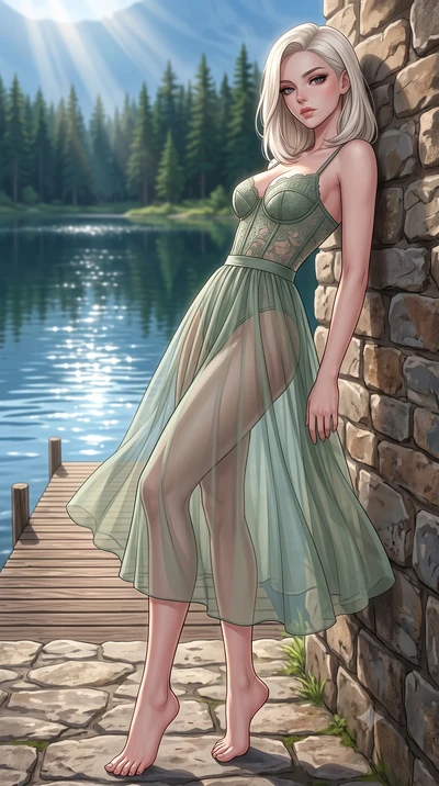 score_9, masterpiece, best quality, ultra-detailed, high-budget anime keyframe, editorial fashion photography, tasteful artistic composition, Caucasian woman woman. low angle full-body shot from head to toe showing her feet, filling the entire 9:16 v