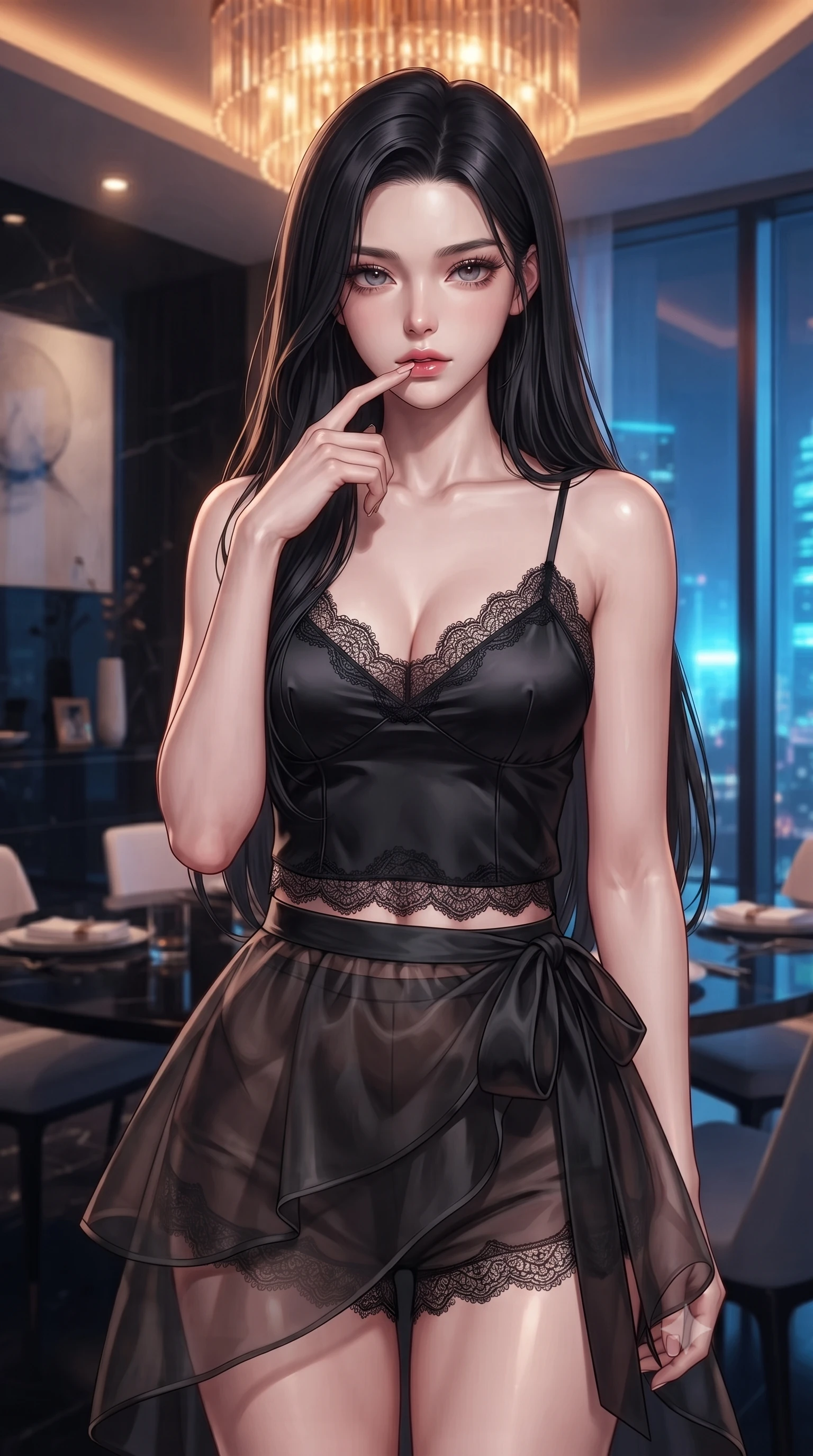 score_9, masterpiece, best quality, ultra-detailed, high-budget anime keyframe, editorial fashion photography, tasteful artistic composition, Korean woman woman. close-up cowboy shot from the waist and thighs up, the character dominates the composition, filling the frame with her large presence, background elements kept in soft focus. pressing one finger to her bottom lip in a thoughtful, seductive gesture under the warm sun the background shows a soft-focus a private dining alcove of a high-rise luxury apartment, with clean obsidian surfaces. She has an exceptionally elegant, slender, and willowy female figure with an ultra-slim waist, a gracefully sculpted slender torso, and a refined silhouette. sharp v-shaped jawline, high-bridge nose, intricate jewel-like eyes with depth, thick eyelashes, glossy lips with a natural sheen. wearing a tailored delicate lace-trim camisole in black silk, paired with a sheer organza wrap skirt and shorts. warm amber lights from the chandelier contrasting with the neon blue city glow outside. ultra-reflective glossy finish, specular highlights, metallic sheen, high-contrast stereoscopic depth, volumetric dynamic lighting, 2k, ultra detail, master piece, 9:16 ratio