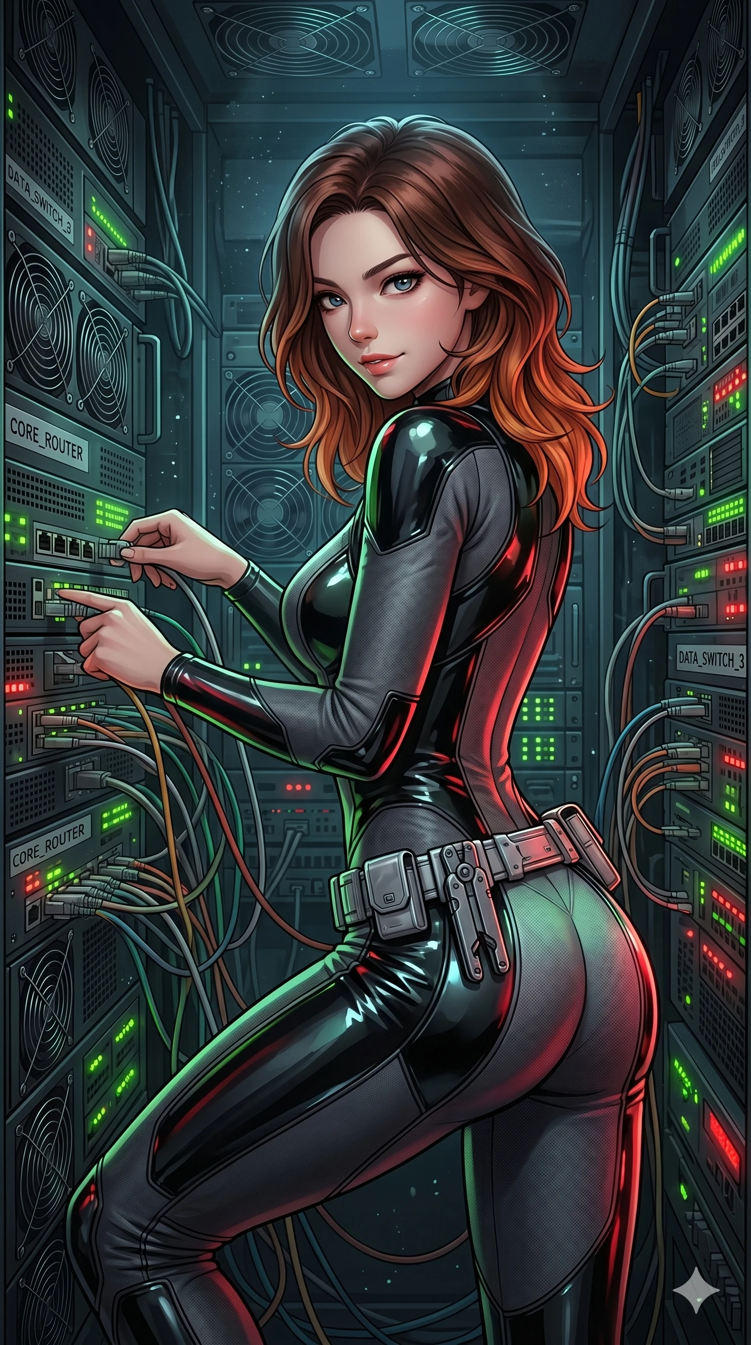 score_9, masterpiece, best quality, ultra-detailed, high-budget anime keyframe, Korean woman. Upper body close-up from the thighs up, character filling the screen for maximum presence. Inside a server closet, surrounded by cooling fans and cables, plugging in a cable, looking back with an intense, focused smile. She is wearing a form-fitting tech-jumpsuit with glossy vinyl panels and a silver utility belt. The scene is bathed in the green and red blinking lights of the server modules. 2k, ultra detail, master piece, 9:16 ratio