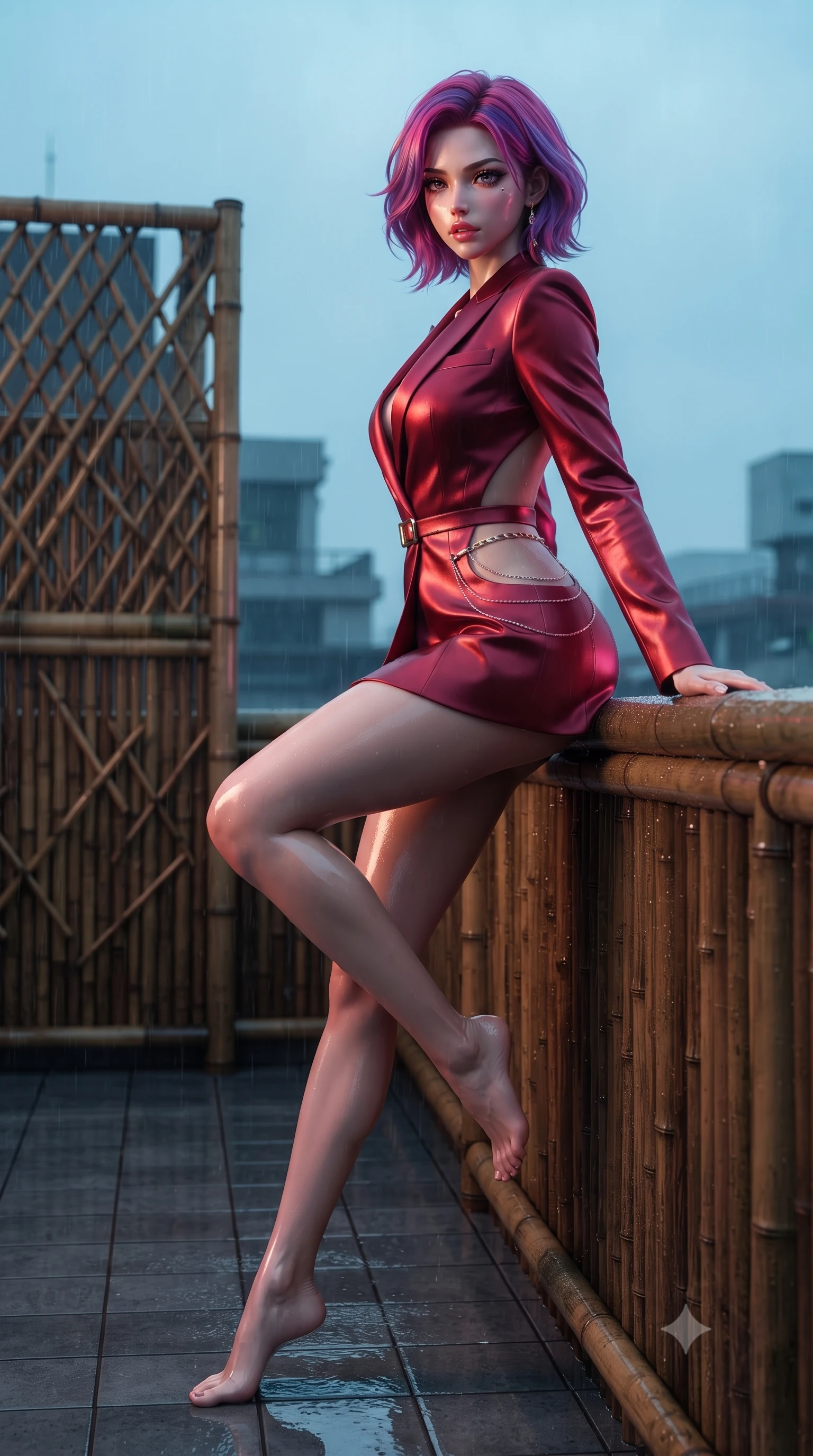 score_9, masterpiece, best quality, ultra-detailed, high-budget anime keyframe, editorial fashion photography, tasteful artistic composition, Caucasian woman. low angle full-body shot from head to toe showing her feet, filling the entire 9:16 vertical frame with her statuesque presence, stretching her vertical silhouette. sitting perched on the elevated edge with hips angled toward the camera and legs crossed, displaying her toned midriff and flawlessly sculpted slender limbs while leaning deep against a rain-slicked rooftop bamboo railing with hips cocked back, looking over her shoulder as neon reflections wash over her curvy silhouette. The surrounding environment is rendered in vivid detail and crisp panoramic clarity. sharp bamboo lattice textures, wet ceramic roof tiles, and glowing neon tube reflections in deep focus. She has an absolutely perfect, statuesque 8.5-heads proportion, an exceptionally tall and slender model-like female figure with impossibly long slender legs, a toned flat midriff, an ultra-slim waist, and beautifully sculpted feminine hips. sharp v-shaped jawline, high-bridge nose, intricate jewel-like eyes with depth, thick eyelashes, glossy parted lips with a natural sheen, intensely captivating and seductive bedroom-eyes expression, flawlessly proportioned anatomical accuracy, strict slender model proportions, natural body alignment, perfectly sculpted long slender limbs, ultra-slim waistline, clean dynamic posture without body distortion. wearing a tailored satin tuxedo jacket dress with mandarin lapels and a slim gold-buckle belt in rich crimson silk and liquid bronze, crafted from supple second-skin lambskin leather with liquid drape, complemented by a delicate metallic hip chain catching the neon rain caustics, the precision-cut side openings and low-back scoop framing her graceful spine and the sensual sweep of her hips. surrounded by an enigmatic, sultry, and breathtakingly hypnotic cyber-femme fatale aura. ultra-reflective glossy finish, specular highlights, rich textural contrasts, high-contrast stereoscopic depth, volumetric dynamic lighting, 2k, ultra detail, master piece, 9:16 ratio