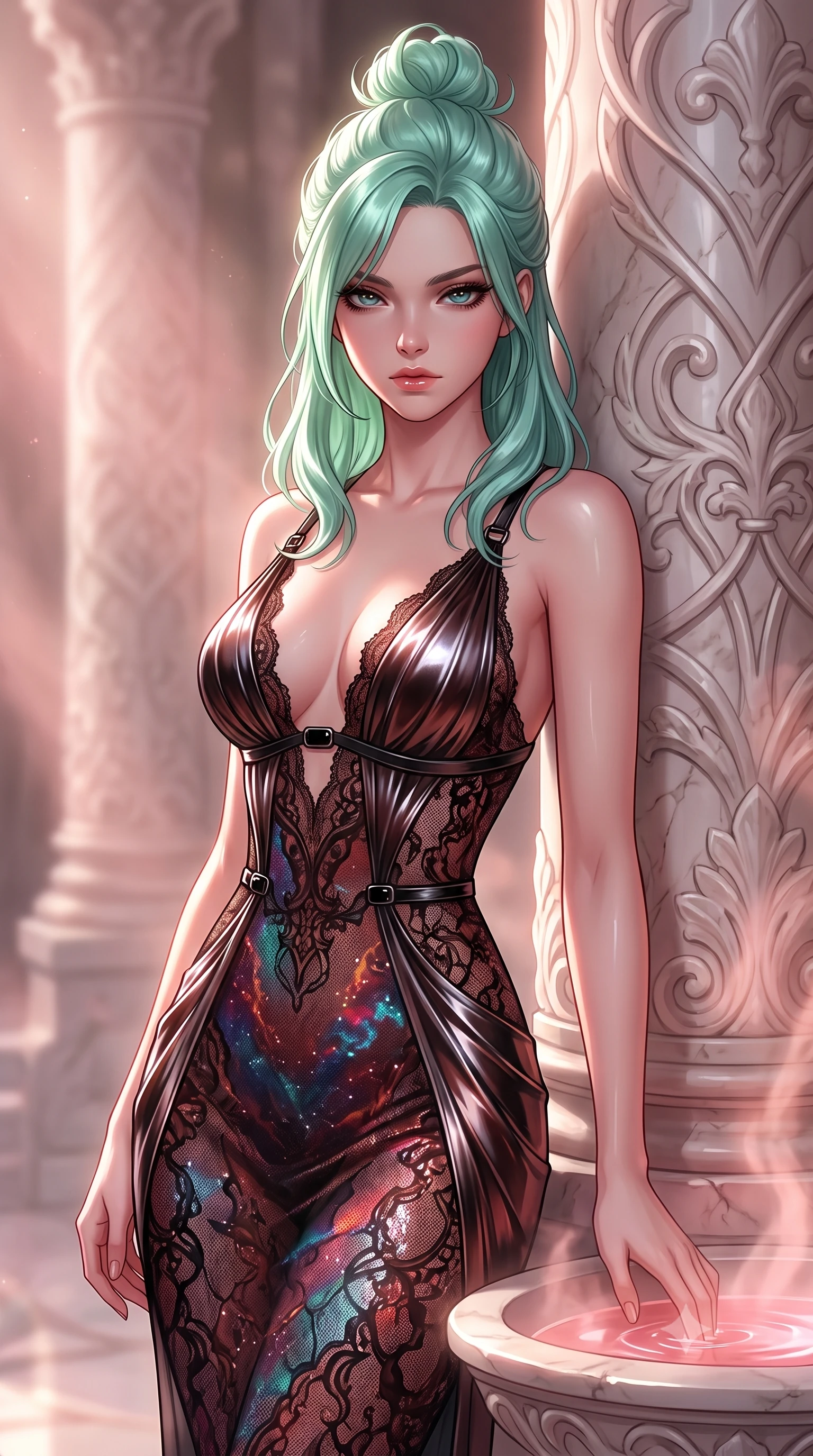 score_9, masterpiece, best quality, ultra-detailed, high-budget anime keyframe, editorial fashion photography, tasteful artistic composition, Japanese woman. close-up cowboy shot from the waist and thighs up, the character dominates the composition, filling the frame with her large presence, background elements kept in soft focus. Casting a slow, direct gaze beneath heavy lashes with quiet intensity, resting against a carved marble pillar as warm steam rises from rose water, fluid movement of her body contoured by a form-fitting liquid silk gown. She has an exceptionally elegant, slender, and willowy female figure with an ultra-slim waist, a gracefully sculpted slender torso, and a refined silhouette. sharp v-shaped jawline, high-bridge nose, intricate jewel-like eyes with depth, thick eyelashes, glossy lips with a natural sheen. wearing gothic nebula sheer dark lace gown with plunging neckline in dark mahogany, made of sculpted obsidian metallic chrome, adorned with minimalist black onyx hardware framing the silhouette, highlighting her statuesque proportions and ultra-slim waistline. bathed in soft rose-tinted steam rays and bright alabaster highlights. highly saturated vibrant anime colors, detailed shading with soft gradients, rich glossy textures, high-contrast stereoscopic depth, volumetric dynamic lighting, master piece, 9:16 ratio