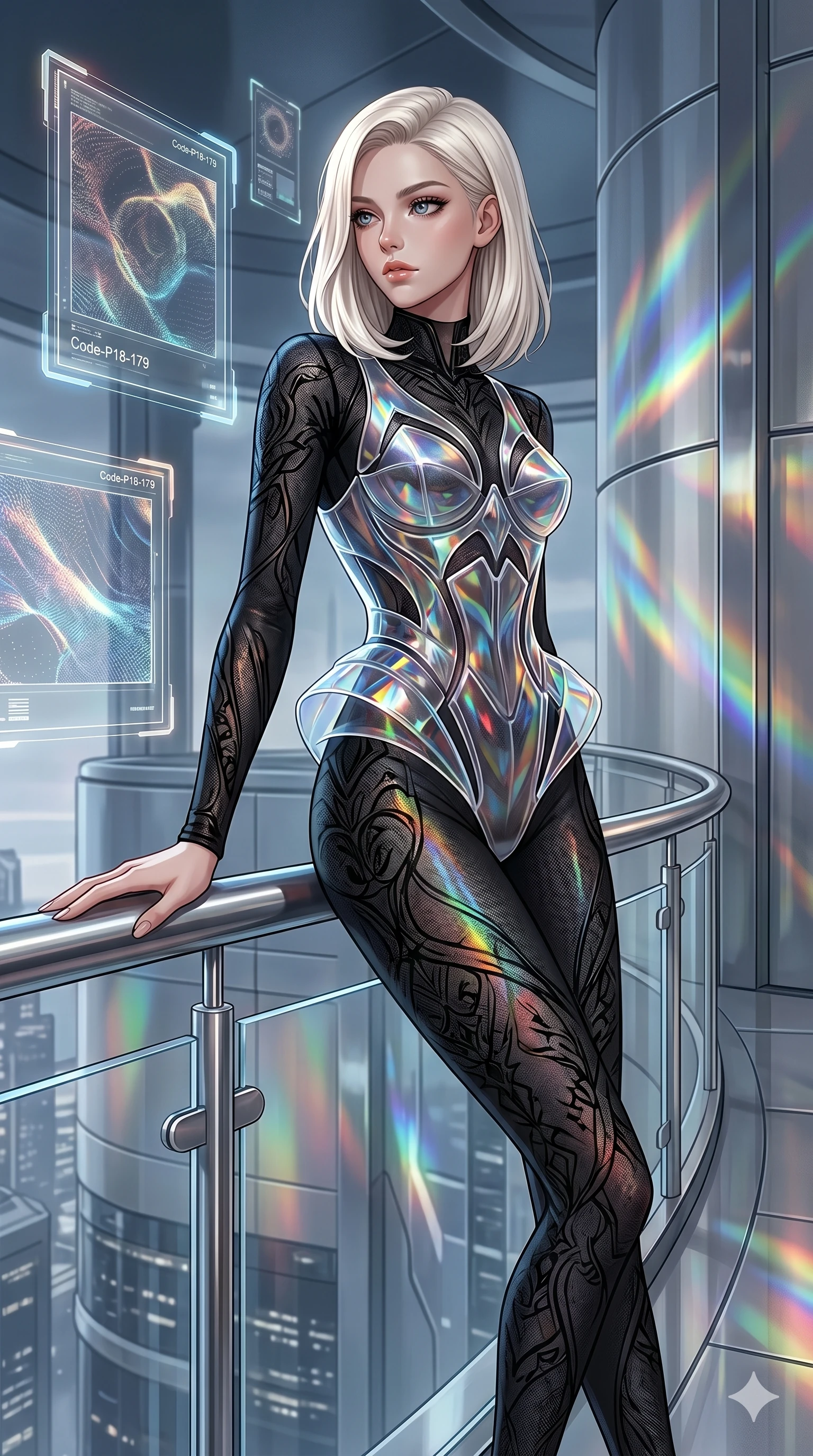 score_9, masterpiece, best quality, ultra-detailed, high-budget anime keyframe, editorial fashion photography, tasteful artistic composition, Caucasian woman, strictly human ears. cowboy shot from the thighs up, character and outfit filling the frame for maximum editorial presence. resting one hand on the metal railing, casting a slow gaze inside a futuristic penthouse suite with floating holographic art frames (Code-P18-179). She has an absolutely perfect 8-heads proportion, an exceptionally tall and slender female figure with impossibly long slender legs and an ultra-slim waist. V-shaped jawline, high-bridge nose, intricate jewel-like eyes with depth, thick eyelashes, glossy lips with a natural sheen. wearing a translucent polymer structured bodice over a black patterned embroidery sleek form-fitting suit. cascading rainbow prismatic light refracting through ice, painting colors on her body. 2k, ultra detail, master piece, 9:16 ratio