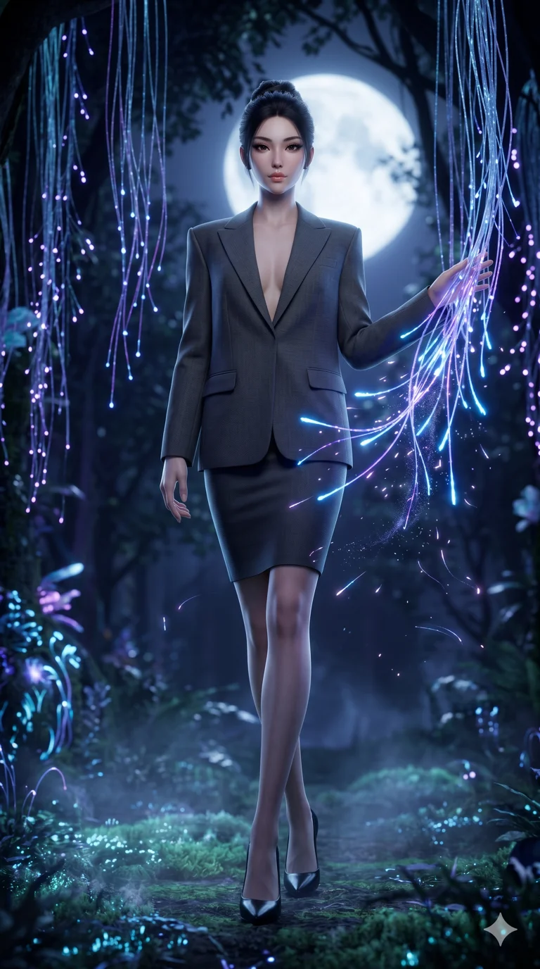 score_9, masterpiece, best quality, ultra-detailed, Semi-realistic 3D Game Render, high-fidelity character model, intricate textures, dynamic particle effects, Unreal Engine 5 aesthetic, crisp 3D depth, Japanese woman with delicate and elegant anime-inspired features. Dynamic full-body shot stretching the vertical silhouette, capturing her from a powerful low-angle perspective. Walking through a forest of fiber-optic vines that react to her touch by glowing brighter. She has an absolutely perfect 8-heads proportion, an exceptionally tall and slender female figure with impossibly long slender legs and an ultra-slim waist, her statuesque height and towering silhouette dominating the vertical 9:16 frame. Her face is a masterpiece featuring a sharp v-shaped jawline, high-bridge nose, intricate jewel-like eyes with depth, thick eyelashes, and glossy lips with a natural sheen. She is wearing a Sharp-shouldered oversized blazer with nothing underneath, paired with a tight pencil skirt, deep plunging neckline, and pointed-toe heels.. The scene is set in a mystical grove under a giant glowing moon that illuminates the fiber-optic flora. 2k, ultra detail, master piece, 9:16 ratio
