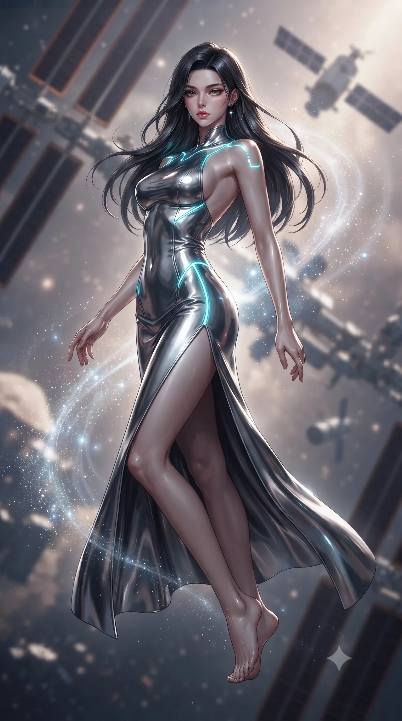 score_9, masterpiece, best quality, ultra-detailed, high-budget anime keyframe, editorial fashion photography, tasteful artistic composition, Korean woman. low angle full-body shot from head to toe showing her feet, filling the entire 9:16 vertical frame with her statuesque presence, stretching her vertical silhouette. pivoting dynamically in mid-motion with a breathtakingly alluring posture, displaying her flawless model proportions, toned flat midriff, and ultra-slim waist while arching her spine in a fluid zero-gravity turn as solar wind flares and cosmic rays trace her statuesque silhouette. The composition keeps background elements in soft focus with creamy bokeh. orbital solar array trusses and satellite modules softened in smooth cosmic atmospheric focus. She has an absolutely perfect, statuesque 8.5-heads proportion, an exceptionally tall and slender model-like female figure with impossibly long slender legs, a toned flat midriff, and an ultra-slim waist. sharp v-shaped jawline, high-bridge nose, intricate jewel-like eyes with depth, thick eyelashes, glossy lips with a natural sheen, flawlessly proportioned anatomical accuracy, strict slender model proportions, natural body alignment, perfectly sculpted long slender limbs, ultra-slim waistline, clean dynamic posture without body distortion. wearing a backless molten silver liquid-metal gown with a high-cut side slit and precision-fitted waist boning in polished mirror chrome and glowing electric cyan neon, formed from high-gloss patent material with specular chiaroscuro reflections, accented with glowing fiber-optic seams tracing her collarbones and hip curves, the glove-like aerodynamic second-skin fit tightly clinging to her ultra-slender waist and athletic curves without adding bulk, accentuating her razor-sharp statuesque lines and slim hourglass silhouette. surrounded by an awe-inspiring, supreme, and radiantly divine cosmic sovereign aura. ultra-reflective glossy finish, specular highlights, dark metallic sheen, high-contrast stereoscopic depth, volumetric dynamic lighting, 2k, ultra detail, master piece, 9:16 ratio