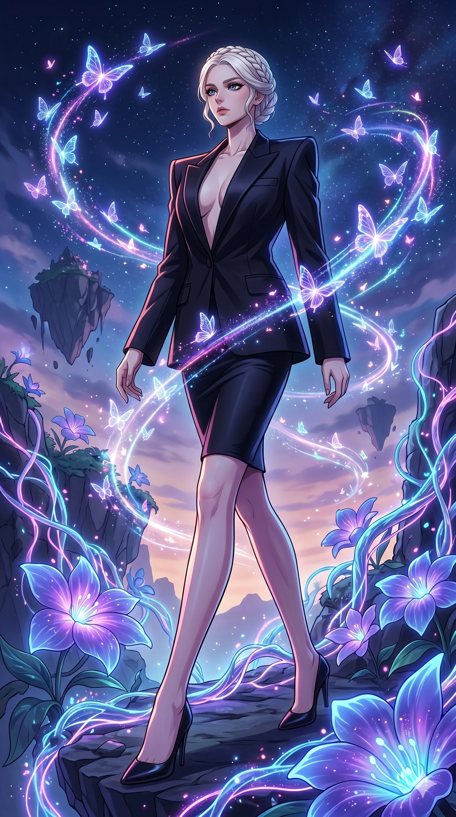 score_9, masterpiece, best quality, ultra-detailed, High-budget Anime Keyframe, vibrant colors, fluid line-art, expressive lighting, cinematic composition, Ufotable-style visual effects, top-tier animation quality, Japanese woman with delicate and elegant anime-inspired features. Dynamic full-body shot stretching the vertical silhouette, capturing her from a powerful low-angle perspective. Surrounded by a swarm of digital butterflies that leave trails of neon dust. She has an absolutely perfect 8-heads proportion, an exceptionally tall and slender female figure with impossibly long slender legs and an ultra-slim waist, her statuesque height and towering silhouette dominating the vertical 9:16 frame. Her face is a masterpiece featuring a sharp v-shaped jawline, high-bridge nose, intricate jewel-like eyes with depth, thick eyelashes, and glossy lips with a natural sheen. She is wearing a Sharp-shouldered oversized blazer with nothing underneath, paired with a tight pencil skirt, deep plunging neckline, and pointed-toe heels.. The scene is set in a floating island covered in giant glowing flowers and vines of pure energy. 2k, ultra detail, master piece, 9:16 ratio