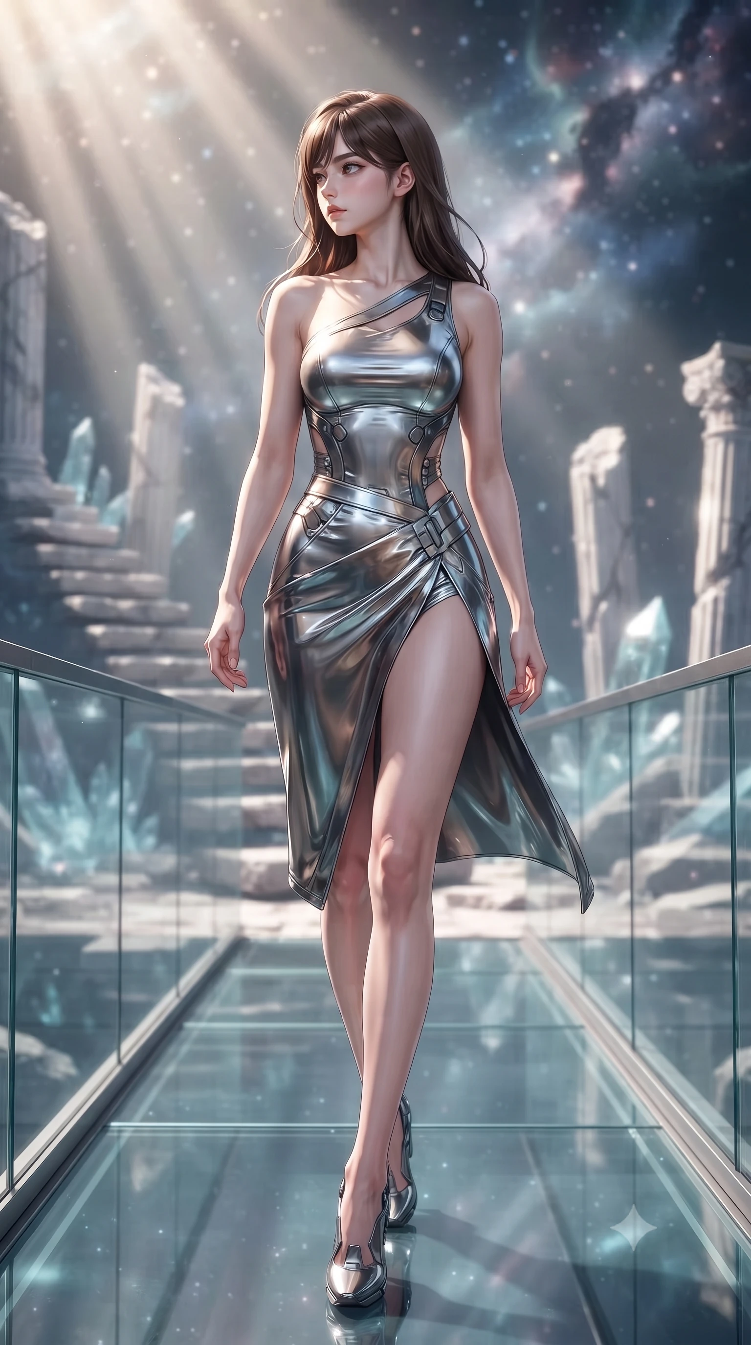 score_9, masterpiece, best quality, ultra-detailed, high-budget anime keyframe, editorial fashion photography, tasteful artistic composition, Korean woman. low angle full-body shot from head to toe showing her feet, filling the entire 9:16 vertical frame with her statuesque presence, stretching her vertical silhouette. walking slowly along a glass skybridge, looking back over her shoulder with an air of effortless grace, the background shows a soft-focus a crystal ruins courtyard with levitating stone steps and shattered columns. She has an absolutely perfect, statuesque 8.5-heads proportion, an exceptionally tall and slender model-like female figure with impossibly long slender legs and an ultra-slim waist. sharp v-shaped jawline, high-bridge nose, intricate jewel-like eyes with depth, thick eyelashes, glossy lips with a natural sheen. wearing a body-hugging asymmetric one-shoulder nanotech bodice paired with a daring high-slit tactical utility wrap skirt. dappled sunlight filtering through cosmic dust clouds, creating volumetric light rays. ultra-reflective glossy finish, specular highlights, metallic sheen, high-contrast stereoscopic depth, volumetric dynamic lighting, 2k, ultra detail, master piece, 9:16 ratio