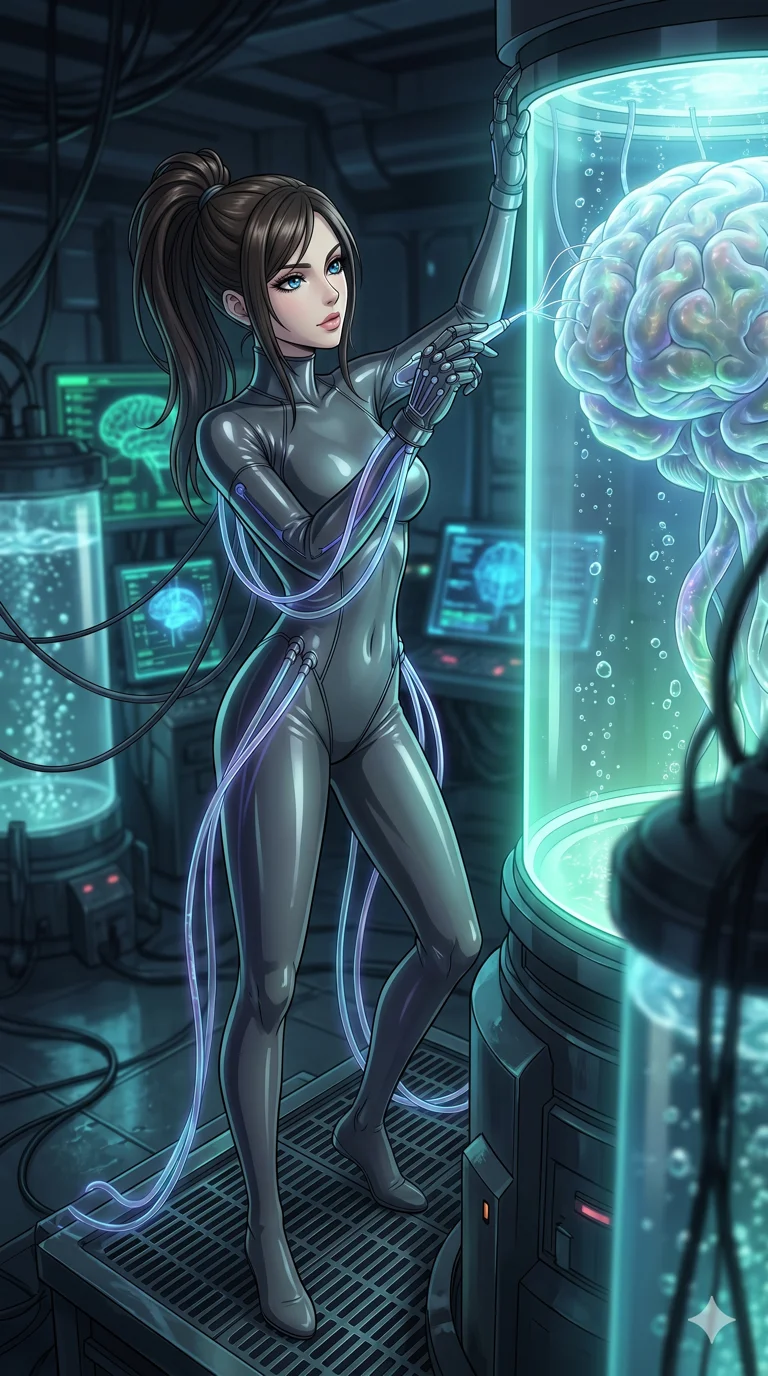 score_9, masterpiece, best quality, ultra-detailed, high-budget anime keyframe, an incredibly beautiful Caucasian woman (strictly human ears). Full-body shot stretching the vertical silhouette, dominating the 9:16 frame. She is a neural splicer repairing a massive bio-organic brain in a glowing neon vat. She possesses a statuesque height and a towering silhouette, highlighting her long slender legs and perfect 8-heads proportion. Her face is a flawless masterpiece with a sharp v-shaped jawline, high-bridge nose, expressive jewel-like eyes, thick eyelashes, and perfectly glossy lips. She is wearing a skin-tight latex bodysuit with translucent cables. A futuristic medical lab with bubbling vats and flickering data screens, cinematic lighting., 2k, ultra detail, master piece, 9:16 ratio