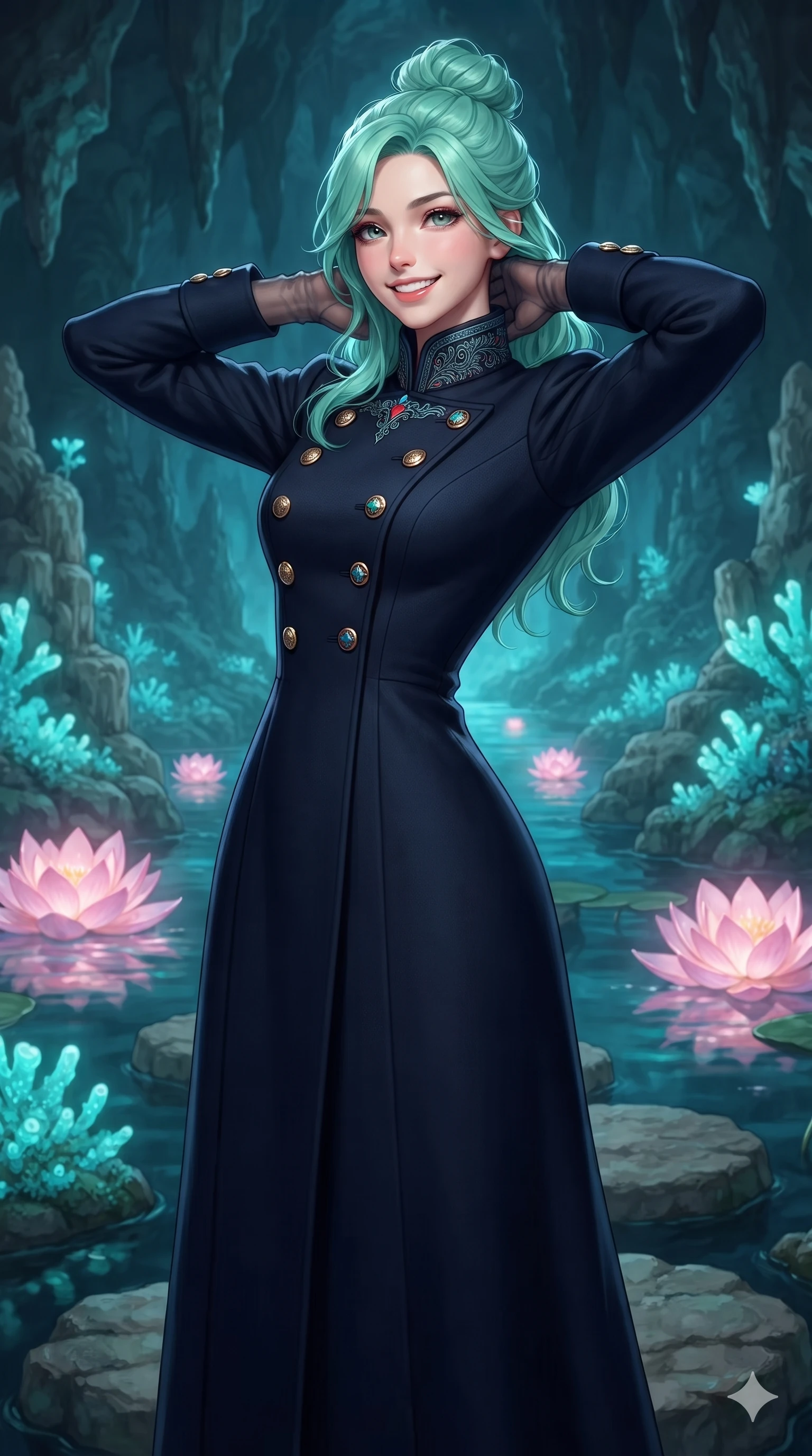 score_9, masterpiece, best quality, ultra-detailed, high-budget anime keyframe, editorial fashion photography, tasteful artistic composition, Japanese woman. close-up cowboy shot from the waist and thighs up, the character dominates the composition, filling the frame with her large presence. resting both hands lightly behind her neck with elbows raised, arching her spine to highlight her narrow waist, flat midriff, and breathtaking collarbones while standing poised on the limestone stepping stone amidst the subterranean lagoon, arching her lower back with siren elegance as giant bioluminescent lotus blossoms glow on the water surface. The surrounding environment is rendered in vivid detail and crisp panoramic clarity: detailed garment cut, form-fitting bodycon or wet cling lines, and pristine subterranean natural architecture in razor-sharp precision. She has an exceptionally elegant, slender, and willowy female figure with an ultra-slim waist, flat toned midriff, narrow ribcage, and sculpted feminine hips creating an alluring, slim hourglass silhouette without bulk. sharp v-shaped jawline, high-bridge nose, intricate jewel-like sparkling eyes with depth, thick eyelashes, glossy parted lips with a natural peach sheen, bright cheerful beaming smile with an enchanting and coquettish sensual glint, exuding both youthful cute charm and seductive allure, flawlessly proportioned anatomical accuracy, strict slender model proportions, natural body alignment, perfectly sculpted long slender limbs, ultra-slim waistline, clean dynamic posture without body distortion. wearing a structured high-collar Victorian opera greatcoat in midnight navy wool with polished brass crest buttons in cyber-shinto vermilion and laser turquoise, crafted from bespoke double-faced cashmere with an exceptionally soft tactile finish, complemented by sheer opera-length evening gloves tracing her slender arms, the impeccably tailored cut draping gracefully along her slender figure with aristocratic poise. bathed in the ethereal natural fluorescence of living turquoise corals mixed with the soft pink radiance of glowing lotuses. ultra-reflective glossy finish, specular highlights, rich textural contrasts, high-contrast stereoscopic depth, volumetric dynamic lighting, 2k, ultra detail, master piece, 9:16 ratio