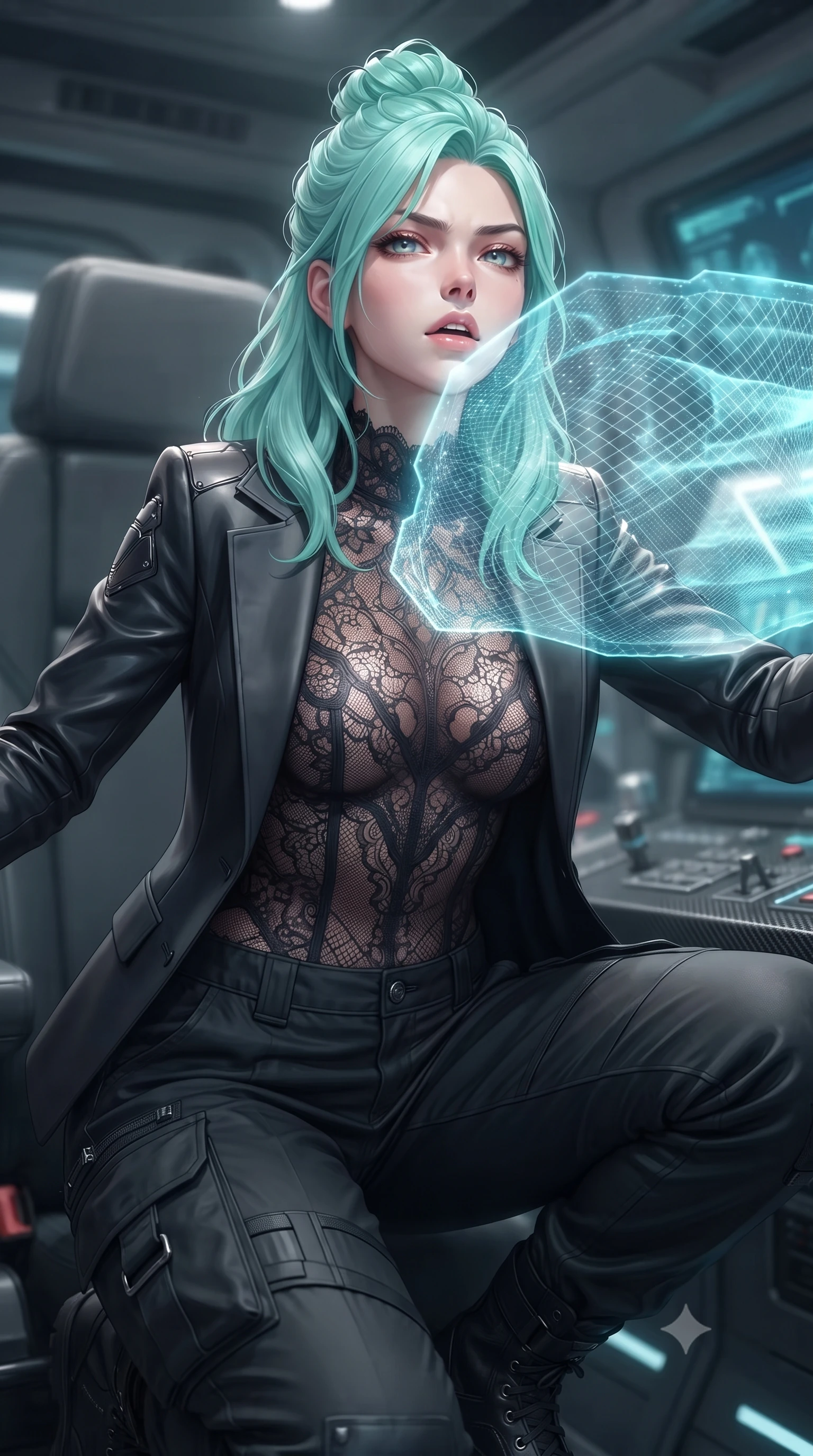 score_9, masterpiece, best quality, ultra-detailed, high-budget anime keyframe, editorial fashion photography, tasteful artistic composition, Japanese woman. close-up cowboy shot from the waist and thighs up, the character dominates the composition, filling the frame with her large presence, background elements kept in soft focus. crouching slightly behind a glowing holographic shield emitter, looking up with defiance and lips slightly parted, the background shows a soft-focus a sub-marine pilot seat with carbon-fiber controls and silver dashboards. She has an exceptionally elegant, slender, and willowy female figure with an ultra-slim waist, a gracefully sculpted slender torso, and a refined silhouette. sharp v-shaped jawline, high-bridge nose, intricate jewel-like eyes with depth, thick eyelashes, glossy lips with a natural sheen. wearing a slim-fit semi-opaque dark lace bodysuit worn under a tailored open carbon-plated blazer and cargo pants. soft aqua telemetry starlight radiating from monitors onto her sharp jawline. ultra-reflective glossy finish, specular highlights, metallic sheen, high-contrast stereoscopic depth, volumetric dynamic lighting, 2k, ultra detail, master piece, 9:16 ratio