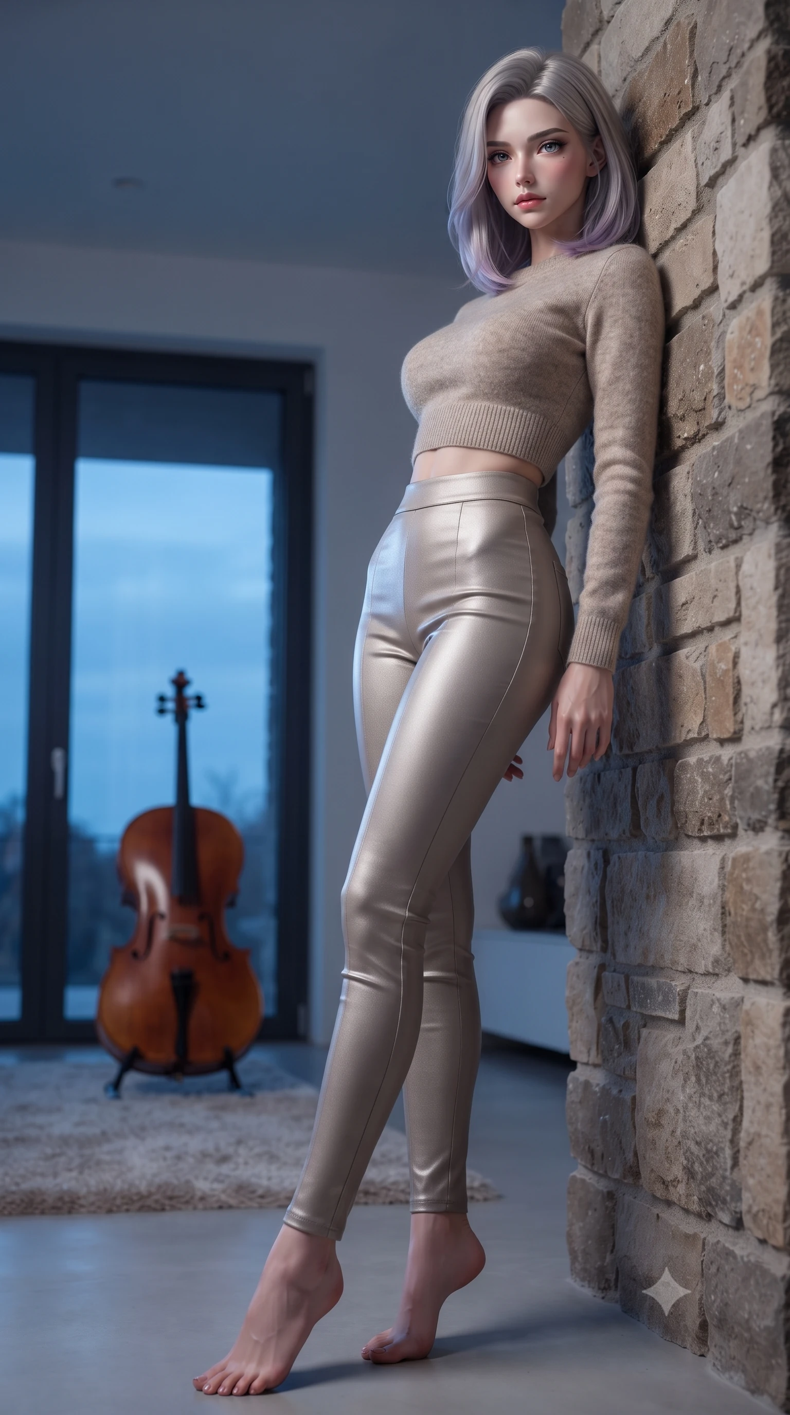 score_9, masterpiece, best quality, ultra-detailed, high-budget anime keyframe, editorial fashion photography, tasteful artistic composition, Caucasian woman. low angle full-body shot from head to toe showing her feet, filling the entire 9:16 vertical frame with her statuesque presence, stretching her vertical silhouette. leaning back against a rustic stone wall, casting a slow, alluring gaze at the camera the background shows a soft-focus a modern minimal studio with a cello resting on a plush rug near a glass door. She has an absolutely perfect, statuesque 8.5-heads proportion, an exceptionally tall and slender model-like female figure with impossibly long slender legs and an ultra-slim waist. sharp v-shaped jawline, high-bridge nose, intricate jewel-like eyes with depth, thick eyelashes, glossy lips with a natural sheen. wearing a tailored tight-fitting crop sweater in oatmeal wool, paired with high-waisted form-fitting pants. cool blue twilight sky glow casting cool highlights on her form. ultra-reflective glossy finish, specular highlights, metallic sheen, high-contrast stereoscopic depth, volumetric dynamic lighting, 2k, ultra detail, master piece, 9:16 ratio