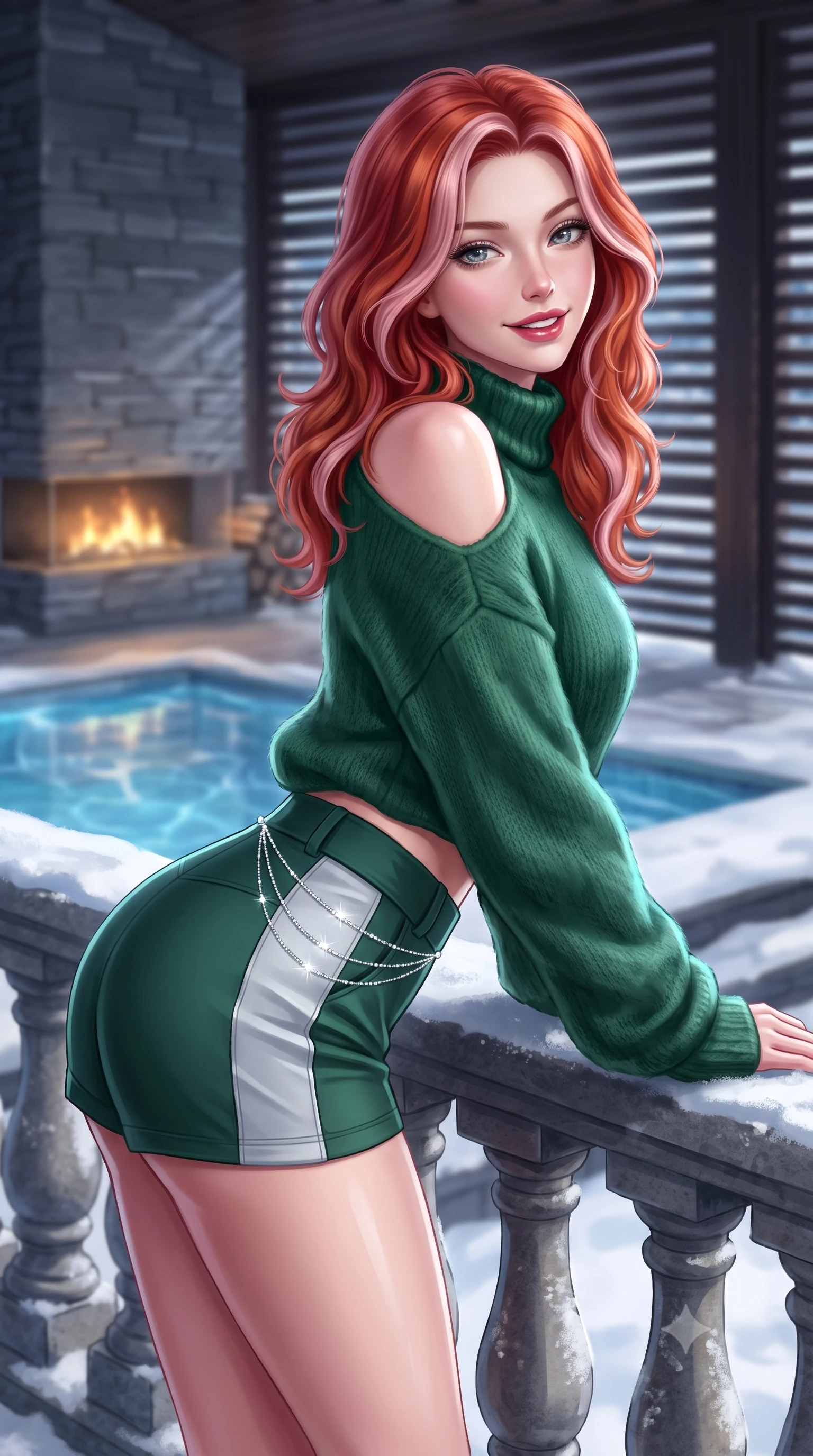 score_9, masterpiece, best quality, ultra-detailed, high-budget anime keyframe, semi-realistic 3D game render, editorial fashion photography, tasteful artistic composition, Caucasian woman. close-up cowboy shot from the waist and thighs up, the character dominates the composition, filling the frame with her large presence. leaning forward over the snow-dusted balustrade while arching her lower back to accentuate her curvy hips, looking into the camera with a radiant playful smile and seductive bedroom-eyes while twisting her slender torso in an alluring contrapposto stance beside minimalist stone fireplaces, her sleek resort wear tracing her hourglass curves. The composition keeps background elements in soft focus with dreamy creamy bokeh. minimalist linear stone fireplaces and dark Asian-inspired timber louvers softened in five-star alpine design shallow focus. She has an exceptionally elegant, slender, and willowy female figure with an ultra-slim waist, flat toned midriff, narrow ribcage, and sculpted feminine hips creating an alluring, slim hourglass silhouette without bulk. sharp v-shaped jawline, high-bridge nose, sparkling ice-crystal eyes with depth, frosty thick lashes, glossy parted lips with a rosy berry sheen, bright playful smile with an intoxicating seductive glint, rosy flushed cheeks radiating cozy warmth and dangerous allure, flawlessly proportioned anatomical accuracy, strict slender model proportions, natural body alignment, perfectly sculpted long slender limbs, ultra-slim waistline, clean dynamic posture without body distortion. wearing a cozy oversized mohair turtleneck sweater falling off one bare shoulder over micro-shorts in deep spruce green and frosted silver, tailored from crisp technical ski fabric with clean aerodynamic lines, accented with a delicate crystal body chain catching the snowy ambient light, the high-waisted tailoring accentuating her ultra-slim waistline and the enchanting curve of her feminine hips with alluring winter charm. illuminated by pool caustic reflections and sharp platinum rim lights carving her razor-sharp jawline, narrow waist, and curvy hips. highly saturated vibrant anime colors, detailed shading with soft gradients, rich glossy textures, high-contrast stereoscopic depth, volumetric dynamic lighting, master piece, 9:16 ratio