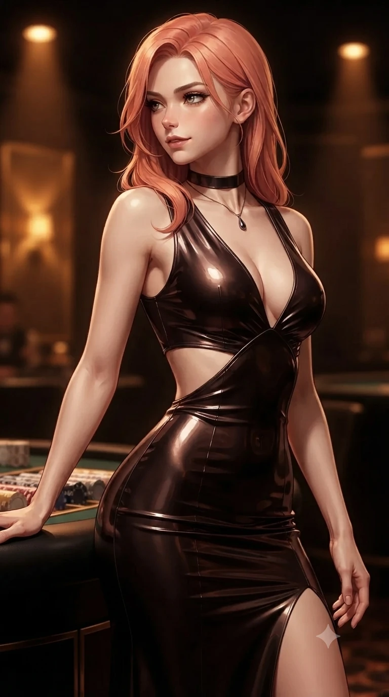 score_9, masterpiece, best quality, ultra-detailed, high-budget anime keyframe, editorial fashion photography, tasteful artistic composition, Japanese woman. close-up cowboy shot from the waist and thighs up, the character dominates the composition, filling the frame with her large presence. glancing sidelong over her shoulder with a smoldering, enigmatic half-smile that commands the frame while twisting her slender torso in an alluring contrapposto stance beside the titanium chip rack, warm amber pin-spots tracing her flat midriff and hips. The background shows a soft-focus exclusive underground high-stakes salon softened in luxury gaming shallow focus. She has an exceptionally elegant, slender, and willowy female figure with an ultra-slim waist, flat toned midriff, narrow ribcage, and sculpted feminine hips creating an alluring, slim hourglass silhouette without bulk. sharp v-shaped jawline, high-bridge nose, intricate jewel-like dark sparkling eyes with hypnotic seductive depth, thick curled eyelashes, glossy parted lips with a natural wine sheen, alluring bedroom-eyes with an enigmatic smoldering smile, exuding magnetic sovereign charisma and dark avant-garde glamour, flawlessly proportioned anatomical accuracy, strict slender model proportions, natural body alignment, perfectly sculpted long slender limbs, ultra-slim waistline, clean dynamic posture without body distortion. wearing a slinky deep-V liquid dark jersey cocktail dress with waist cutout accentuating her curves in dark mahogany and brushed gunmetal, crafted from wet-look high-gloss vinyl fabric with dazzling specular surface reflections, finished with a minimalist dark choker and a single teardrop pendant, the liquid-tight tailored fabric clinging flawlessly to her narrow waist and rounded feminine hips, emphasizing every millimeter of her sculpted slim hourglass curves without any bulky heaviness. bathed in warm, focused pin-spot lighting over the black gaming tables contrasted with pitch-black intimate lounge shadows. ultra-reflective glossy finish, specular highlights, metallic sheen, high-contrast stereoscopic depth, volumetric dynamic lighting, 2k, ultra detail, master piece, 9:16 ratio