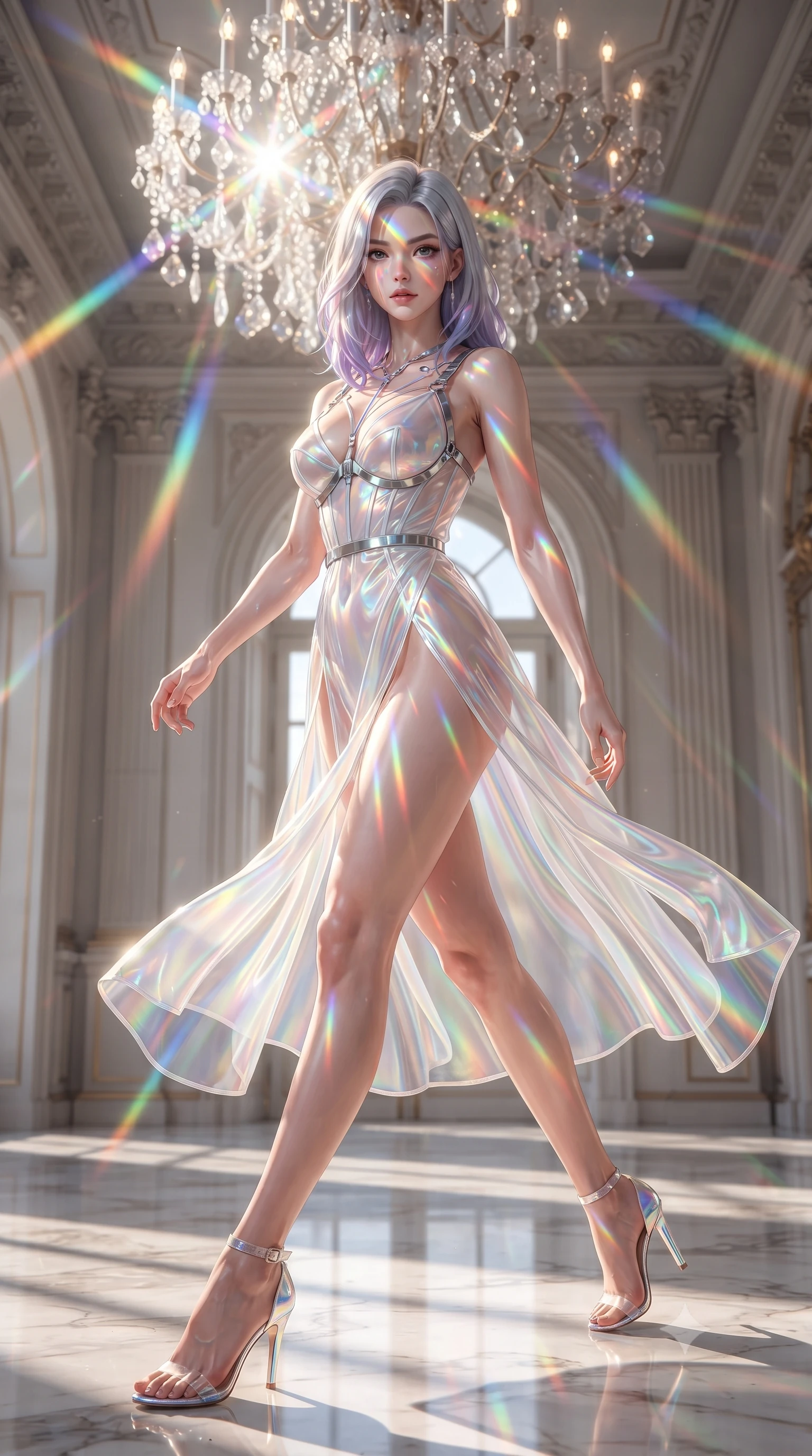 score_9, masterpiece, best quality, ultra-detailed, high-budget anime keyframe, editorial fashion photography, tasteful artistic composition, Caucasian woman. low angle full-body shot from head to toe showing her feet, filling the entire 9:16 vertical frame with her statuesque presence, stretching her vertical silhouette. pivoting dynamically in mid-motion with a breathtakingly alluring posture, displaying her flawless model proportions and ultra-slim waist while pausing beneath a crystal chandelier refracting sunlight into dazzling rainbow rays across her skin. The surrounding environment is rendered in vivid detail and crisp panoramic clarity. vivid high-saturation spectrum colors and high-key white daylight rendered with environmental sharpness. She has an absolutely perfect, statuesque 8.5-heads proportion, an exceptionally tall and slender model-like female figure with impossibly long slender legs, a toned flat midriff, and an ultra-slim waist. sharp v-shaped jawline, high-bridge nose, intricate jewel-like eyes with depth, thick eyelashes, glossy lips with a natural sheen, flawlessly proportioned anatomical accuracy, strict slender model proportions, natural body alignment, perfectly sculpted long slender limbs, ultra-slim waistline, clean dynamic posture without body distortion. wearing a translucent iridescent organza wrap dress with structured bustier boning, plunging neckline, and high-cut dual leg slits in glistening liquid pearl white with rainbow opalescence, made of smooth iridescent silk chiffon that shifts colors with movement, reinforced by a sleek metallic chrome harness and delicate glowing micro-straps, the sleek second-skin cut tightly hugging her graceful clavicle, narrow waist, and feminine curves with athletic precision. bathed in brilliant natural white daylight intersected by vivid saturated rainbow prism beams. ultra-reflective glossy finish, specular highlights, metallic sheen, high-contrast stereoscopic depth, volumetric dynamic lighting, 2k, ultra detail, master piece, 9:16 ratio