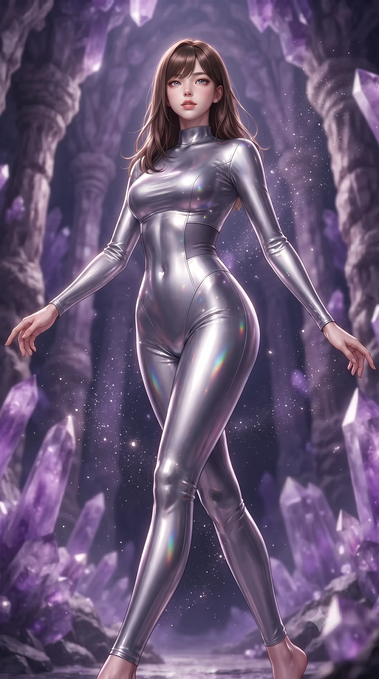 score_9, masterpiece, best quality, ultra-detailed, high-budget anime keyframe, editorial fashion photography, tasteful artistic composition, Korean woman. low angle full-body shot from head to toe showing her feet, filling the entire 9:16 vertical frame with her statuesque presence, stretching her vertical silhouette. stepping gracefully through floating stardust particles, her body-contouring suit showing her athletic, slender silhouette, the background shows a soft-focus an amethyst geode cavern with towering purple crystal spires and rock columns. She has an absolutely perfect, statuesque 8.5-heads proportion, an exceptionally tall and slender model-like female figure with impossibly long slender legs and an ultra-slim waist. sharp v-shaped jawline, high-bridge nose, intricate jewel-like eyes with depth, thick eyelashes, glossy lips with a natural sheen. wearing a body-hugging body-hugging titanium-sheen mock-neck bodysuit, featuring elastic compression panels at the waist. soft internal purple crystal glow refracting into delicate rainbow prisms. ultra-reflective glossy finish, specular highlights, metallic sheen, high-contrast stereoscopic depth, volumetric dynamic lighting, 2k, ultra detail, master piece, 9:16 ratio