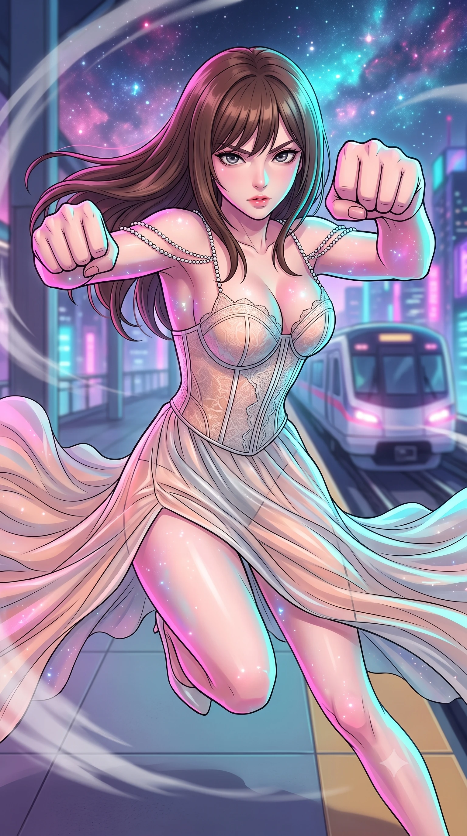score_9, masterpiece, best quality, ultra-detailed, high-budget anime keyframe, clean line-art, cel-shading, Korean woman. close-up cowboy shot from the waist and thighs up, the character dominates the composition, filling the frame with her large presence, background elements kept in soft focus. Leaping into the camera's view with an aggressive, mid-action strike pose. set against a soft-focus background of the platform edge of an elevated sky-train station, wind whipping past as a train speeds away into a neon skyline. She has an exceptionally elegant and slender, willowy female figure with an ultra-slim waist, a gracefully sculpted slender torso, and a refined slim physique. sharp v-shaped jawline, high-bridge nose, intricate jewel-like eyes with depth, thick eyelashes, glossy lips with a natural sheen. wearing the lightweight fabric rippling and billowing dramatically with her movement, a slim-fit translucent gossamer gown in pale peach and silver, with pearl-chain straps and a structured lace corset bodice. starlight and nebula glow casting soft cosmic pink and cyan highlights on her form. highly saturated vibrant anime colors, intense vivid color palette, volumetric dynamic lighting, 2k, ultra detail, master piece, 9:16 ratio