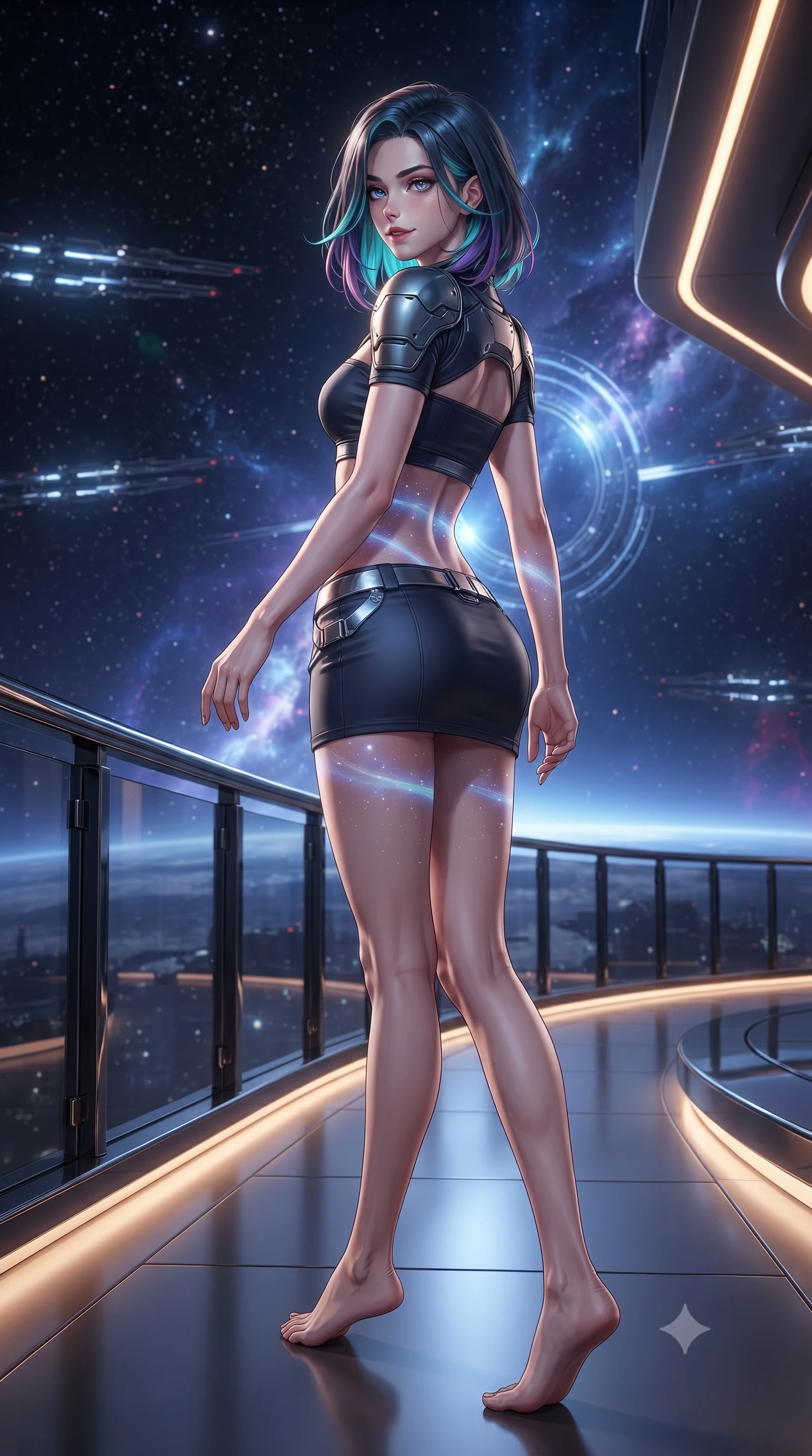 score_9, masterpiece, best quality, ultra-detailed, high-budget anime keyframe, editorial fashion photography, tasteful artistic composition, Caucasian woman. low angle full-body shot from head to toe showing her feet, filling the entire 9:16 vertical frame with her statuesque presence, stretching her vertical silhouette. walking along the terrace with poise, looking back over her bare shoulder with an irresistible smoldering bedroom-gaze while twisting her slender torso in an alluring S-curve, indigo warp field distortions and star nebulae casting celestial light ribbons across her flat midriff and hourglass curves. The surrounding environment is rendered in vivid detail and crisp panoramic clarity: sharp black chrome balustrade reflections, crisp fleet formation beacon strobes, and razor-sharp hyperspace ring nodes in deep focus. She has an exceptionally tall and slender model-like 8.5-heads proportion, an ultra-slim waist, a flat toned midriff, narrow delicate ribcage, and beautifully sculpted feminine hips creating a graceful, slim hourglass silhouette without any bulky heaviness, with impossibly long slender legs. sharp v-shaped jawline, high-bridge nose, intricate jewel-like sparkling eyes with depth, thick eyelashes, glossy parted lips with a natural peach sheen, bright cheerful beaming smile with an enchanting and coquettish sensual glint, exuding both youthful cute charm and seductive allure, flawlessly proportioned anatomical accuracy, strict slender model proportions, natural body alignment, perfectly sculpted long slender limbs, ultra-slim waistline, clean dynamic posture without body distortion. wearing an ultra-cropped tactical tech-wear bandeau top with molded shoulder armor paired with a micro mini skirt revealing her flat toned midriff in tactical carbon navy and polished chrome, made of fluid liquid jersey with seamless sculpting hold and smooth contours, finished with sleek magnetic buckle closures fluttering in the breeze, the precision-cut side openings and low-back scoop framing her graceful spine and the sensual sweep of her slim, toned hips. bathed in the mystical indigo luminescence of the hyperspace gate mixed with warm 2800K balcony edge lighting. ultra-reflective glossy finish, specular highlights, rich textural contrasts, high-contrast stereoscopic depth, volumetric dynamic lighting, 2k, ultra detail, master piece, 9:16 ratio