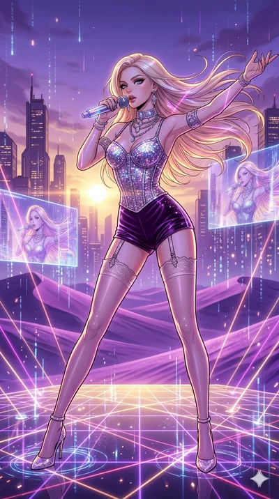 score_9, masterpiece, best quality, ultra-detailed, high-budget anime movie keyframe, cinematic anime lighting, intricate line art, Korean woman. Low angle cowboy shot filling the entire 9:16 frame with her statuesque presence. singing on a laser sta