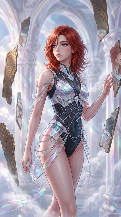 score_9, masterpiece, best quality, ultra-detailed, high-budget anime keyframe, Korean woman. upper body close-up from the thighs up, character filling the screen for maximum presence. wandering through a mirage cloud cathedral of translucent marble 