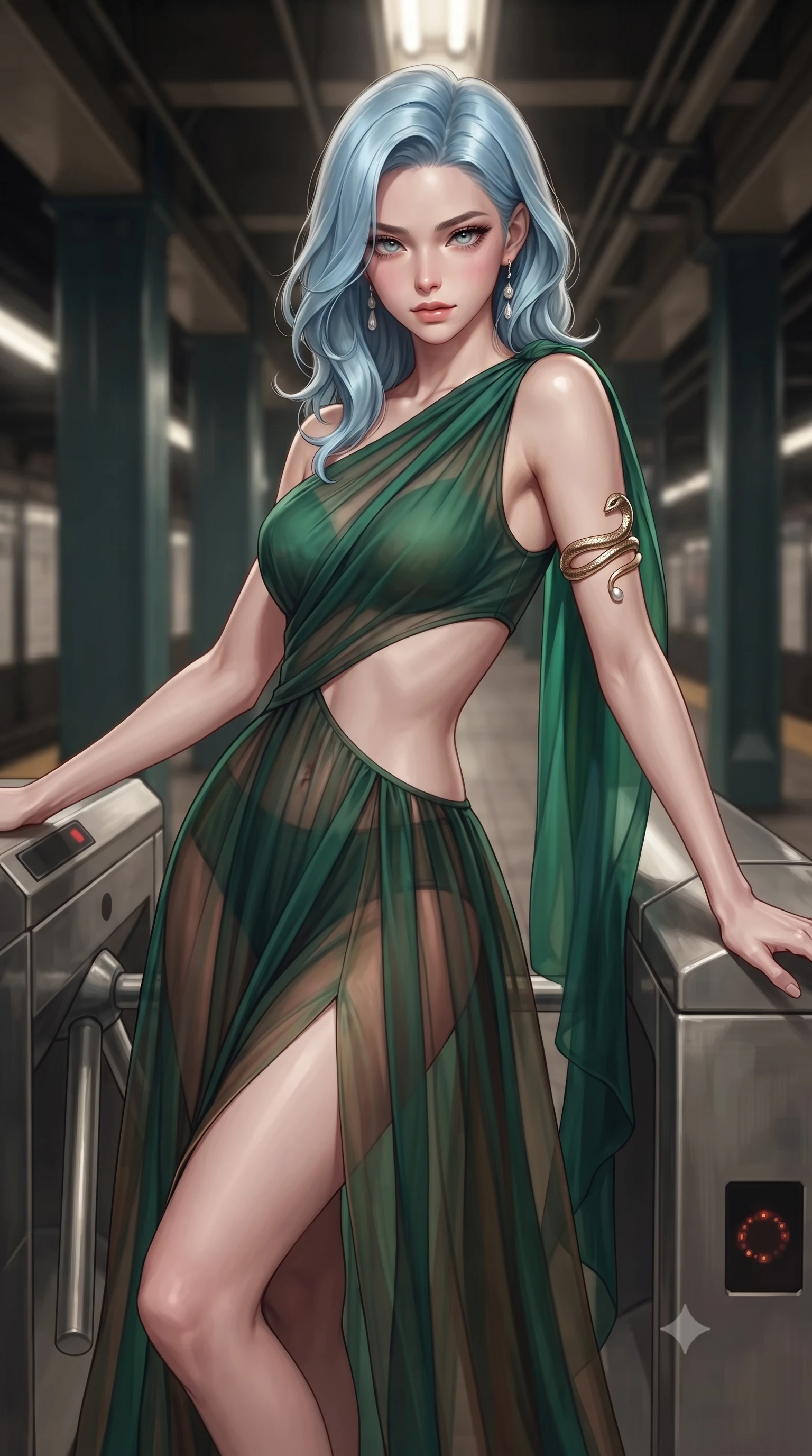 score_9, masterpiece, best quality, ultra-detailed, high-budget anime keyframe, editorial fashion photography, tasteful artistic composition, Korean woman. close-up cowboy shot from the waist and thighs up, the character dominates the composition, filling the frame with her large presence. radiating intense magnetic charisma with jewel-like eyes locked onto the viewer, her upper body turning in a dynamic, fluid S-curve while leaning against a retro-futuristic metallic subway turnstile with a fierce, rebellious streetwear smirk. The composition keeps background elements in soft focus with creamy bokeh. subway platform columns and flickering fluorescent ceiling fixtures softened in moody shallow focus. She has an exceptionally elegant, slender, and willowy female figure with an ultra-slim waist, a gracefully sculpted slender torso, toned flat midriff, and a refined slim silhouette. sharp v-shaped jawline, high-bridge nose, intricate jewel-like eyes with depth, thick eyelashes, glossy lips with a natural sheen, captivating and magnetic expression, flawlessly proportioned anatomical accuracy, strict slender model proportions, natural body alignment, perfectly sculpted long slender limbs, ultra-slim waistline, clean dynamic posture without body distortion. wearing an ethereal emerald-green silk chiffon gown with an asymmetric shoulder drape and sheer layered skirt in deep emerald green and bronze, woven from airy multi-layered silk chiffon with a weightless drape, accented with a sculptured gold serpent armlet and pearl drops edition #18, the precision-cut daring openings accentuating her delicate midriff, graceful bare collarbones, and ultra-slim feminine waistline. illuminated by crisp specular highlights defining her toned flat midriff and athletic curves. ultra-reflective glossy finish, specular highlights, rich textural contrasts, high-contrast stereoscopic depth, volumetric dynamic lighting, 2k, ultra detail, master piece, 9:16 ratio