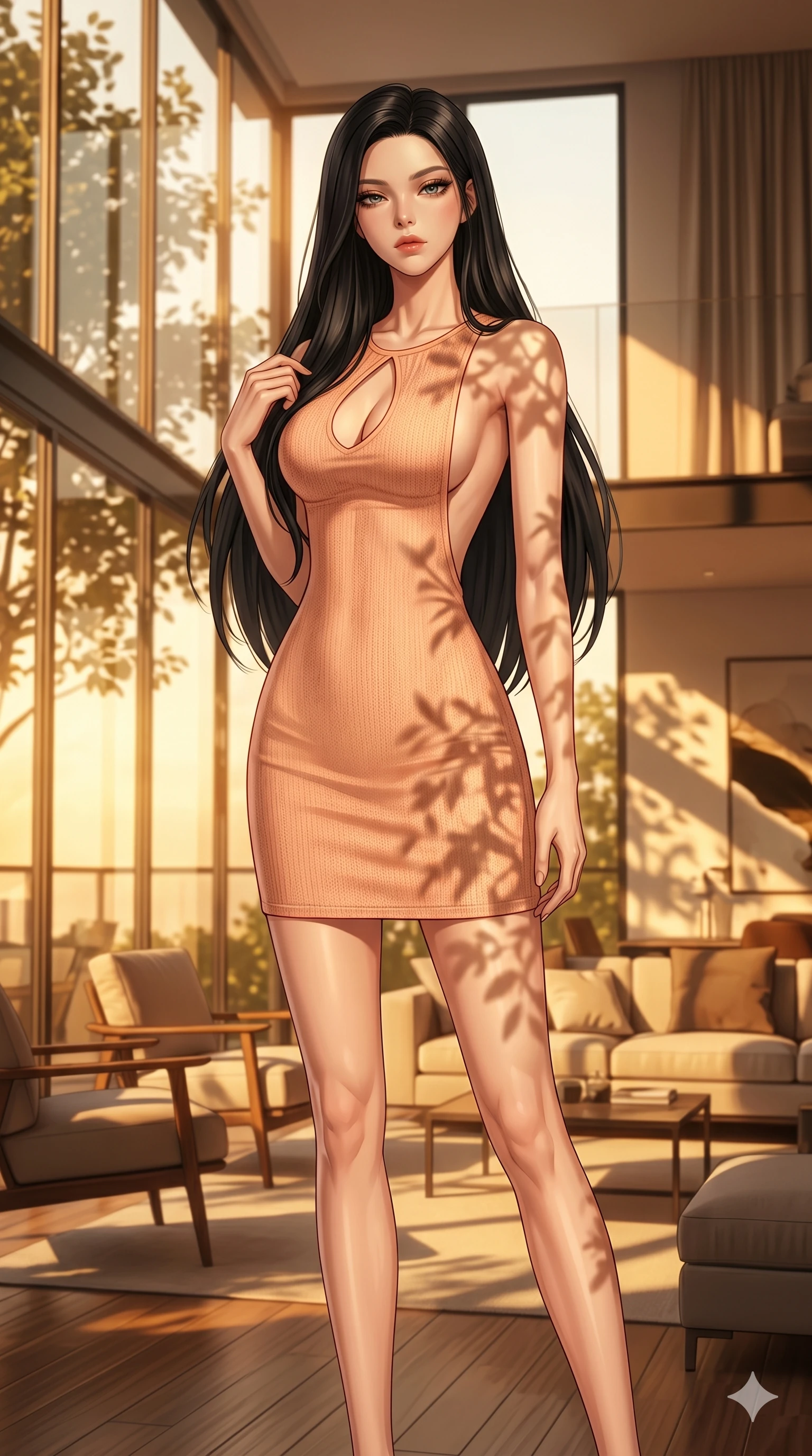 score_9, masterpiece, best quality, ultra-detailed, high-budget anime keyframe, editorial fashion photography, tasteful artistic composition, Korean woman. cowboy shot from the thighs up, character and outfit filling the frame for maximum editorial presence. looking down at the viewer with a haughty, composed and cool expression, her shoulders relaxed inside an airy loft living room with floor-to-ceiling glass walls letting in warm golden hour light (Code-P067). She has an absolutely perfect 8-heads proportion, an exceptionally tall and slender female figure with impossibly long slender legs and an ultra-slim waist. V-shaped jawline, high-bridge nose, intricate jewel-like eyes with depth, thick eyelashes, glossy lips with a natural sheen. wearing a form-fitting peach-colored knit dress with an elegant keyhole cutout and bare back design. bathed in warm, golden afternoon sunbeams casting soft organic shadows of leaves on her skin. 2k, ultra detail, master piece, 9:16 ratio