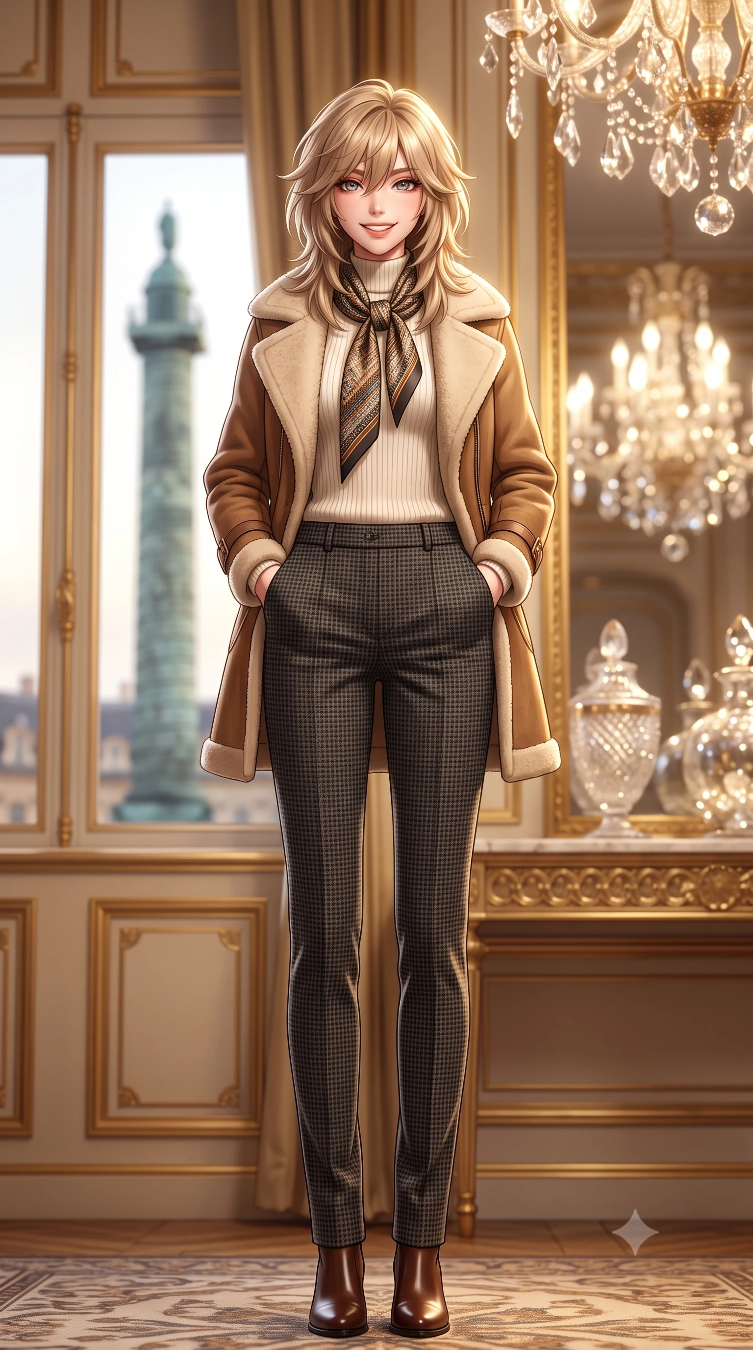 score_9, masterpiece, best quality, ultra-detailed, high-budget anime keyframe, semi-realistic 3D game render, editorial fashion photography, tasteful artistic composition, Japanese woman. low angle full-body shot from head to toe showing her feet, filling the entire 9:16 vertical frame with her statuesque presence, stretching her vertical silhouette. standing tall and centered in the frame with hands tucked into her coat pockets, radiating statuesque poise and calm warmth while sitting poised on an ivory velvet banquette with hands folded neatly in her lap, exuding impeccable French haute-couture elegance. The background shows a soft-focus glittering crystal chandeliers, gilded boiserie wall paneling, and views of the bronze Vendôme column through tall windows blurred into champagne, ivory, and brass bokeh. She has an exceptionally tall and slender model-like 8.5-heads proportion, an ultra-slim waist, a flat toned midriff, narrow delicate ribcage, and beautifully sculpted feminine hips creating a graceful, slim hourglass silhouette without any bulky heaviness, with impossibly long slender legs. sharp v-shaped jawline, high-bridge nose, intricate jewel-like sparkling eyes with depth, thick eyelashes, glossy parted lips with a natural peach sheen, bright cheerful beaming smile with an enchanting and coquettish sensual glint, exuding both youthful cute charm and seductive allure, flawlessly proportioned anatomical accuracy, strict slender model proportions, natural body alignment, perfectly sculpted long slender limbs, ultra-slim waistline, clean dynamic posture without body distortion. wearing a plush shearling-trimmed suede aviator coat layered over a cozy ribbed merino knit sweater and tailored corduroy pants in classic Savile Row charcoal houndstooth and crisp ivory, tailored from heritage British Harris Tweed with rich multi-tonal yarn weave, finished with a printed silk twilly scarf knotted gracefully around her neck, the expertly draped wool fabric falling in crisp fluid lines along her tall 8.5-heads silhouette, celebrating her slender frame without excess fabric bulk. bathed in brilliant 3500K warm-white cove illumination and glittering multi-faceted crystal chandelier reflections. highly saturated vibrant anime colors, detailed shading with soft gradients, rich glossy textures, high-contrast stereoscopic depth, volumetric dynamic lighting, master piece, 9:16 ratio