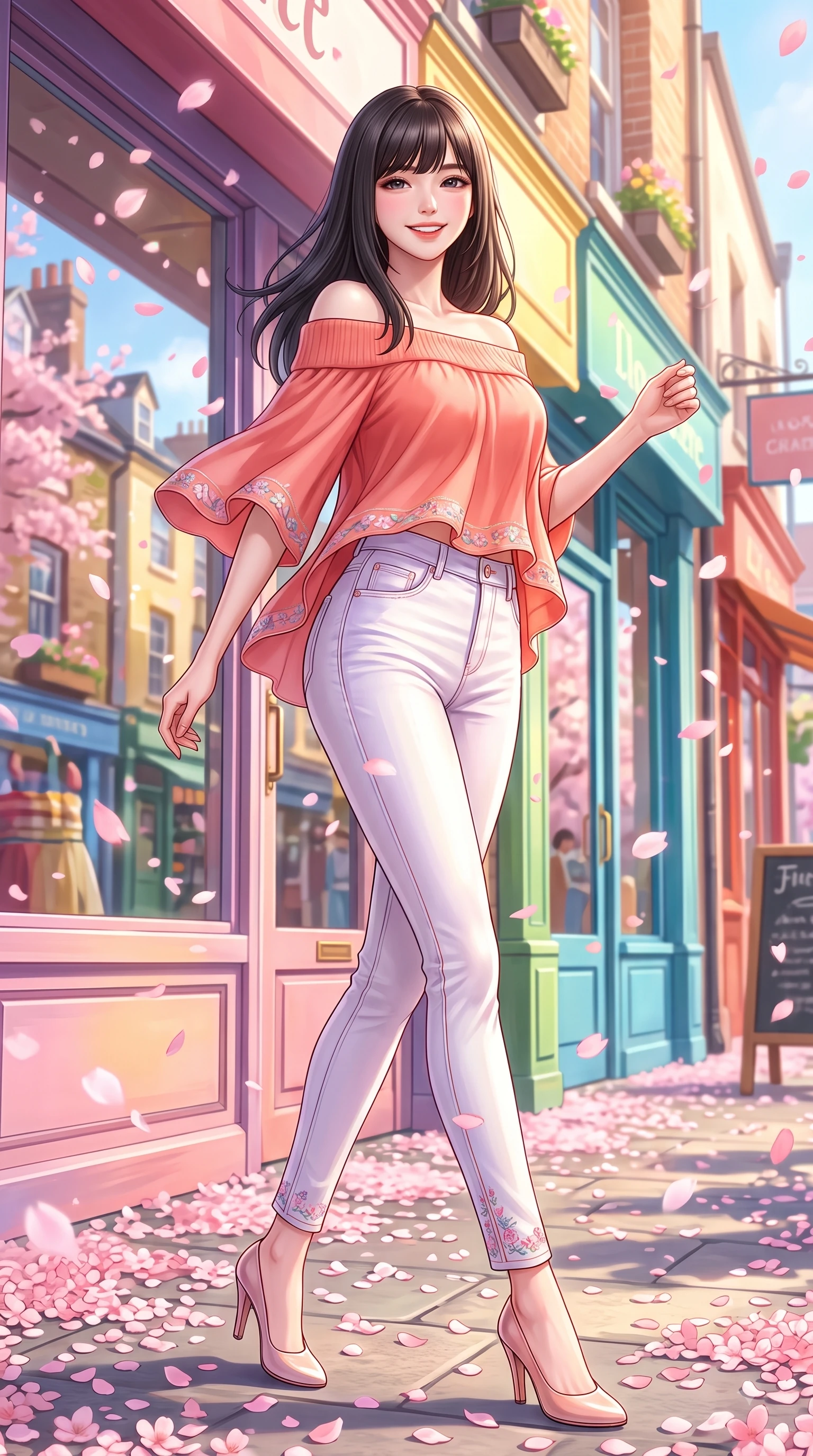 score_9, masterpiece, best quality, ultra-detailed, high-budget anime keyframe, editorial fashion photography, tasteful artistic composition, Korean woman. low angle full-body shot from head to toe showing her feet, filling the entire 9:16 vertical frame with her statuesque presence, stretching her vertical silhouette. performing a cheerful mid-motion turn with flawless poise, her radiant smile capturing fresh girlhood energy while stepping cheerfully along a flower-strewn walkway as pastel pink petals float softly around her. The surrounding environment is rendered in vivid detail and crisp panoramic clarity. colorful storefront windows reflecting bright spring sunlight with rich environmental clarity. She has an absolutely perfect, statuesque 8.5-heads proportion, an exceptionally tall and slender model-like female figure with impossibly long slender legs and an ultra-slim waist. sharp v-shaped jawline, high-bridge nose, intricate jewel-like eyes with depth, thick eyelashes, glossy lips with a natural sheen, flawlessly proportioned anatomical accuracy, natural body alignment, perfectly sculpted elegant limbs, clean dynamic posture without body distortion. wearing a stylish off-shoulder coral knit top with slim-fit white stretch denim pants in pastel lilac and soft rose gold, crafted from smooth fluid silk satin, complemented by delicate embroidered floral trim along the hem, the breezy lightweight fabric fluttering softly against her delicate frame. surrounded by a fresh, uplifting, and romantic spring street ambiance. highly saturated vibrant anime colors, detailed shading with soft gradients, rich glossy textures, high-contrast stereoscopic depth, volumetric dynamic lighting, master piece, 9:16 ratio