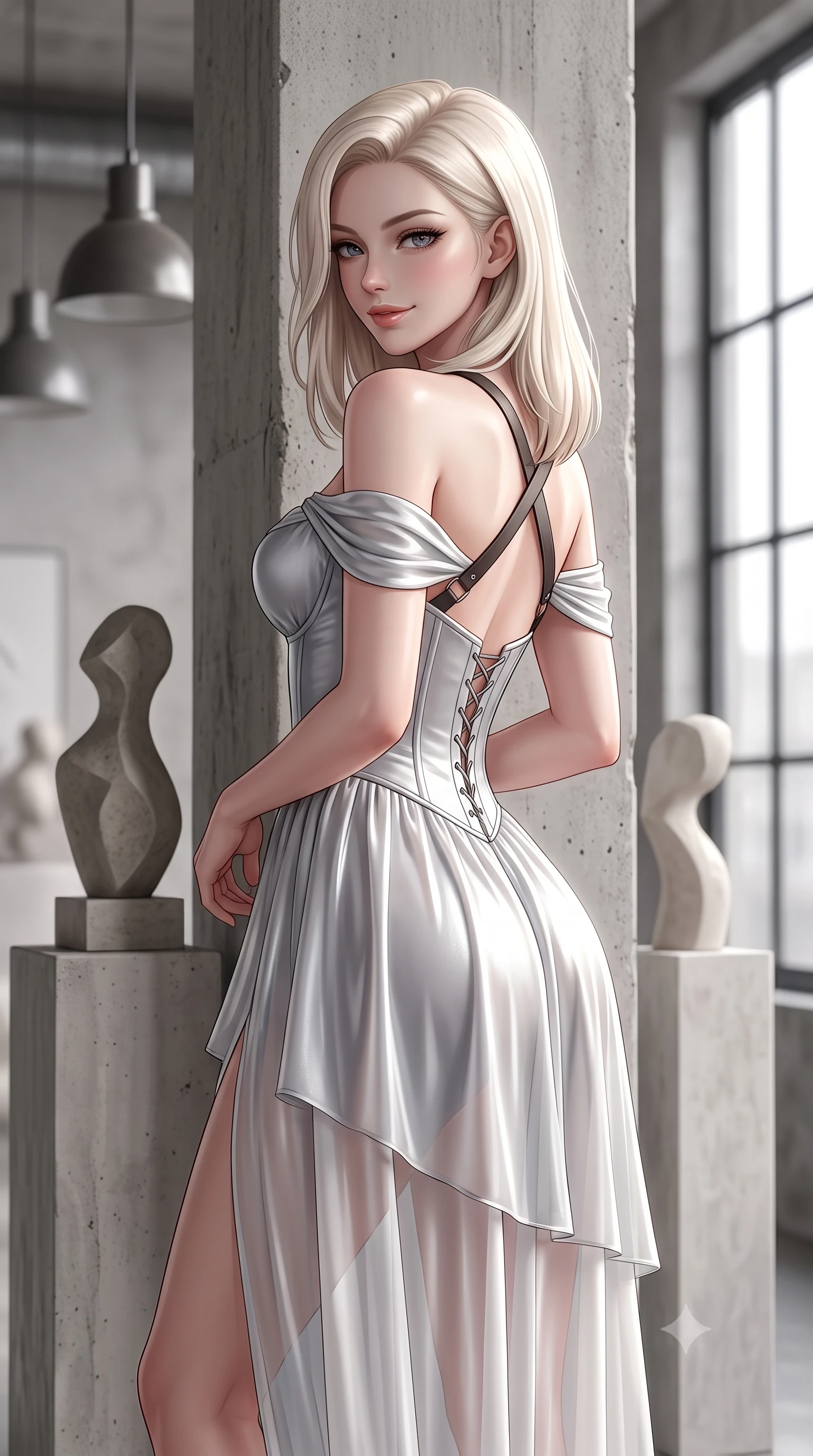 score_9, masterpiece, best quality, ultra-detailed, high-budget anime keyframe, semi-realistic 3D game render, editorial fashion photography, tasteful artistic composition, Caucasian woman. close-up cowboy shot from the waist and thighs up, the character dominates the composition, filling the frame with her large presence. turning over a bare shoulder with an intoxicating, teasing smile, her soft hair framing her sharp jawline as her hips angle gracefully while standing poised beside a raw concrete interior column, twisting her slender torso in an alluring contrapposto stance beside minimalist abstract sculptures. The composition keeps background elements in soft focus with creamy bokeh. minimalist sculptural pedestals and industrial pendant lights softened in avant-garde German shallow focus. She has an exceptionally elegant, slender, and willowy female figure with an ultra-slim waist, flat toned midriff, narrow ribcage, and sculpted feminine hips creating an alluring, slim hourglass silhouette without bulk. sharp v-shaped jawline, high-bridge nose, intricate jewel-like eyes with depth, thick eyelashes, glossy parted lips with a natural sheen, intensely captivating and seductive bedroom-eyes expression, flawlessly proportioned anatomical accuracy, strict slender model proportions, natural body alignment, perfectly sculpted long slender limbs, ultra-slim waistline, clean dynamic posture without body distortion. wearing an off-shoulder French court corset bodice dress paired with a tiered translucent chiffon slit skirt in shimmering silver mercury and pearl white, tailored from liquid silk jersey adhering flawlessly to her slender build, featuring an open-back criss-cross harness strap in dark leather, the liquid-tight tailored fabric clinging flawlessly to her narrow waist and rounded feminine hips, emphasizing every millimeter of her sculpted slim hourglass curves without any bulky heaviness. bathed in pure, diffused northern European overcast daylight streaming through floor-to-ceiling industrial steel windows. highly saturated vibrant anime colors, detailed shading with soft gradients, rich glossy textures, high-contrast stereoscopic depth, volumetric dynamic lighting, master piece, 9:16 ratio