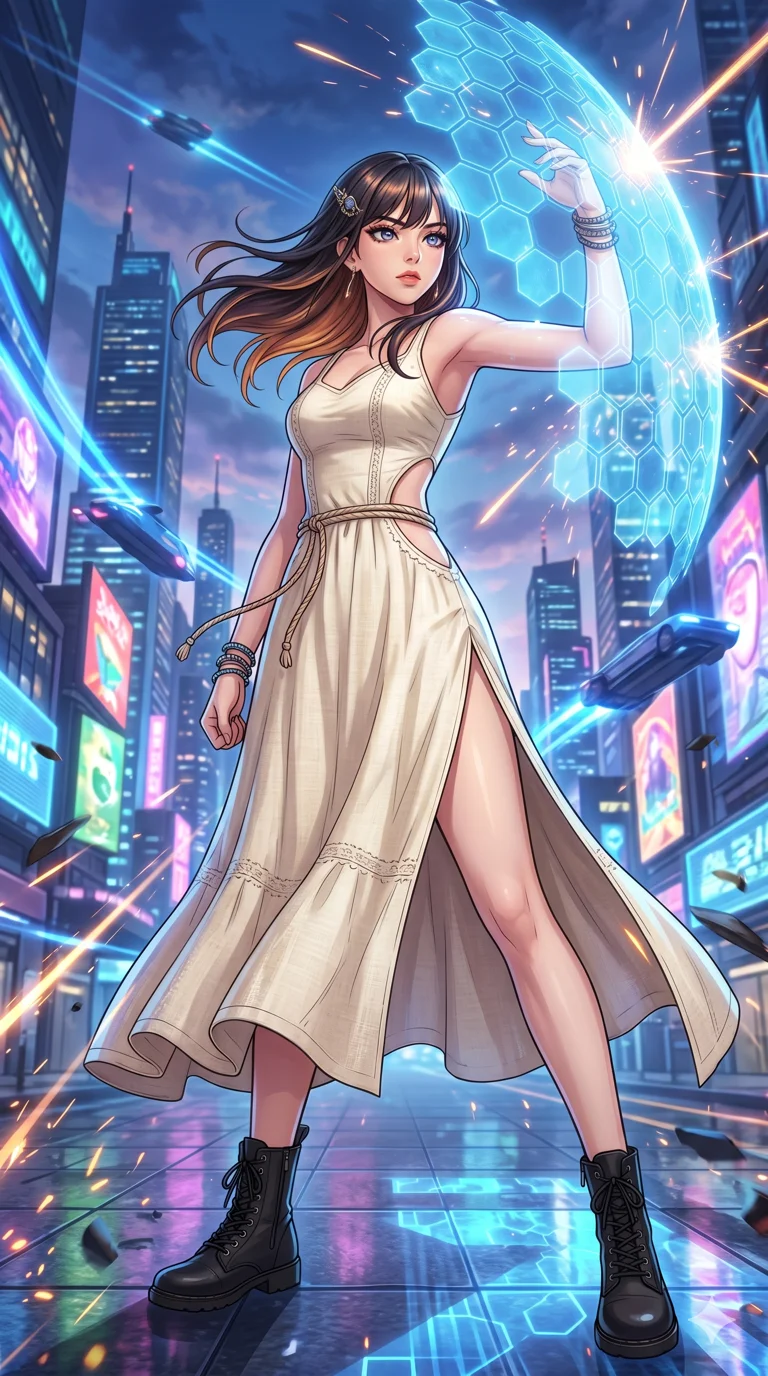 score_9, masterpiece, best quality, ultra-detailed, High-budget Anime Keyframe, beautiful Korean anime girl. Low angle cowboy shot filling the entire 9:16 frame with her statuesque presence. Summoning a shield made of hexagonal energy tiles in a futuristic city battle. She has an absolutely perfect 8-heads proportion, an exceptionally tall and slender female figure with impossibly long slender legs and an ultra-slim waist. Sharp v-shaped jawline, high-bridge nose, intricate jewel-like eyes with depth, thick eyelashes, glossy lips with a natural sheen. Wearing a Seasonal/Resort outfit: cream linen sundress with side cut-outs and a high side slit. Background is a bright and colorful metropolis with glowing blue energy effects and dynamic motion. 2k, ultra detail, master piece, 9:16 ratio