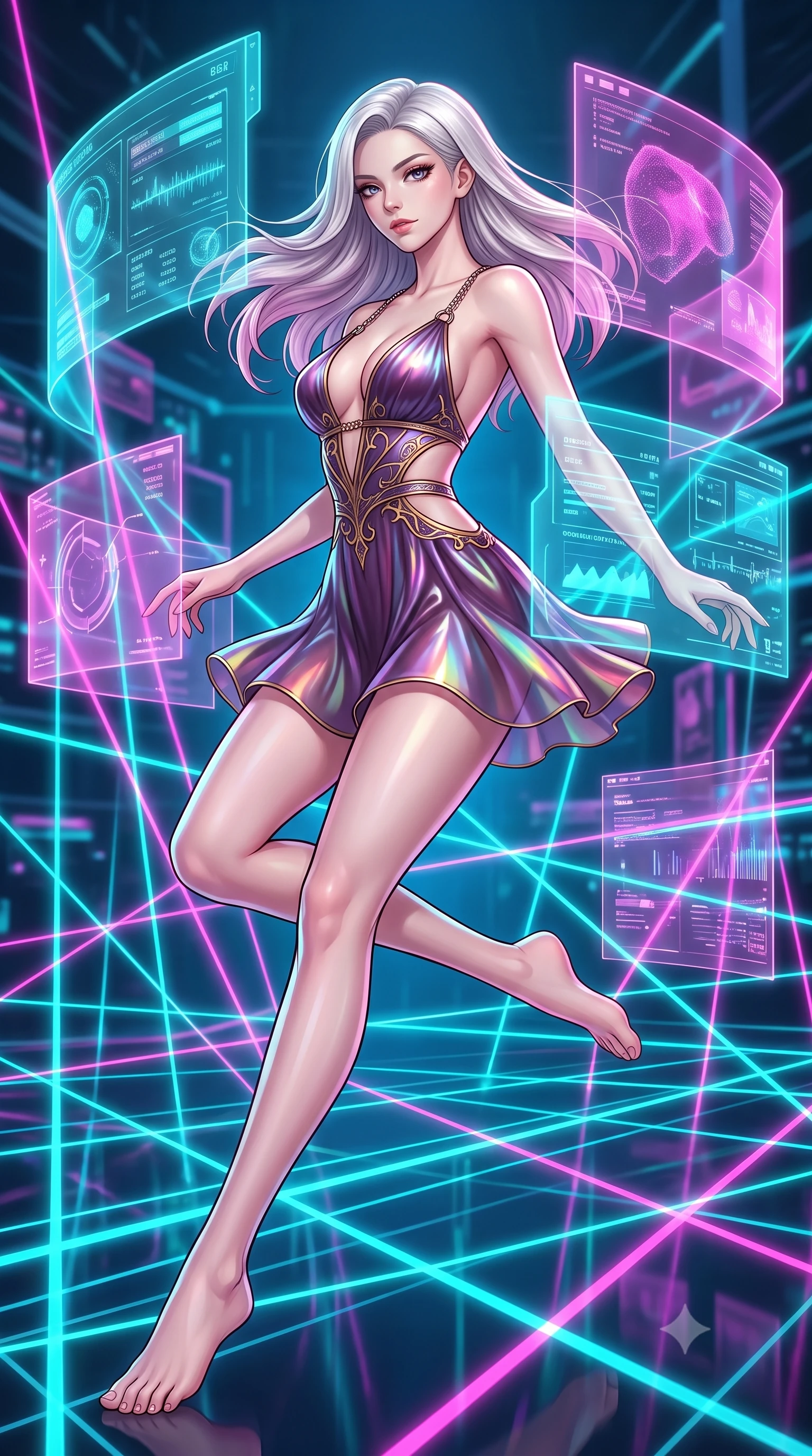 score_9, masterpiece, best quality, ultra-detailed, high-budget anime keyframe, editorial fashion photography, tasteful artistic composition, Caucasian woman. low angle full-body shot from head to toe showing her feet, filling the entire 9:16 vertical frame with her statuesque presence, stretching her vertical silhouette. forging dynamically through the scene with her long slender legs and ultra-slim waist creating a sweeping S-curve while leaping across a grid of shifting laser beams while turning to gaze at the camera, translucent cyan and magenta holographic panels hovering dynamically around her. She has an absolutely perfect, statuesque 8.5-heads proportion, an exceptionally tall and slender model-like female figure with impossibly long slender legs and an ultra-slim waist. sharp v-shaped jawline, high-bridge nose, intricate jewel-like eyes with depth, thick eyelashes, glossy lips with a natural sheen, flawlessly proportioned anatomical accuracy, natural body alignment, perfectly sculpted elegant limbs, clean dynamic posture without body distortion. wearing a liquid mercury gloss mini dress with ultra-deep V-neck and waist cutouts in plum purple and gold filigree, crafted from iridescent chiffon that shifts colors in the light, adorned with delicate metallic chain straps along the neckline, the glove-like fit emphasizing her statuesque silhouette during motion. surrounded by a crisp high-tech illumination with high specular contrast. highly saturated vibrant anime colors, detailed shading with soft gradients, rich glossy textures, high-contrast stereoscopic depth, volumetric dynamic lighting, master piece, 9:16 ratio